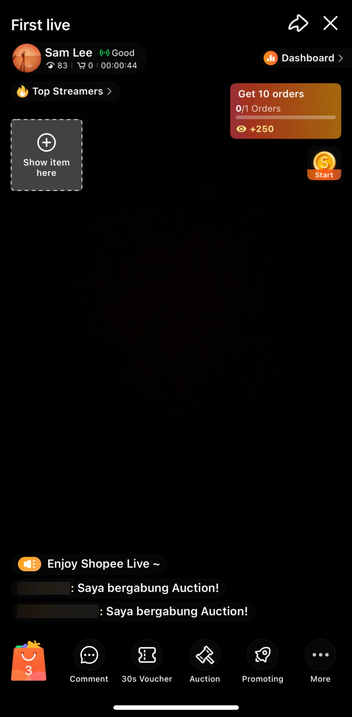 Shopee Screen screen in the Ending a live flow