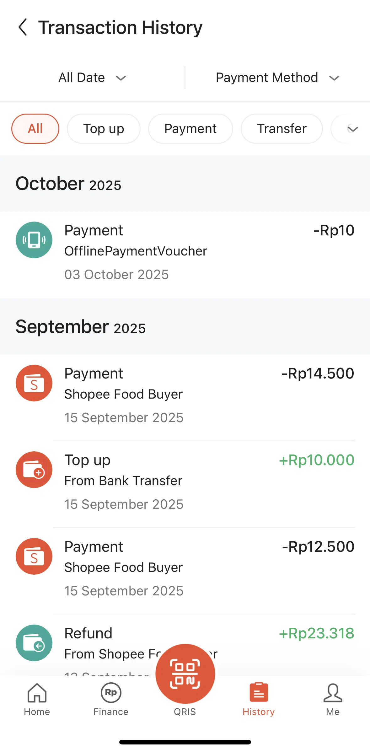 Shopee Screen screen in the Filtering transactions flow