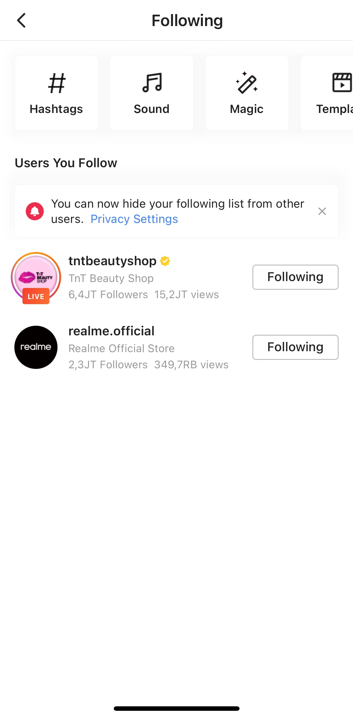 Shopee Screen screen in the Following hashtag flow