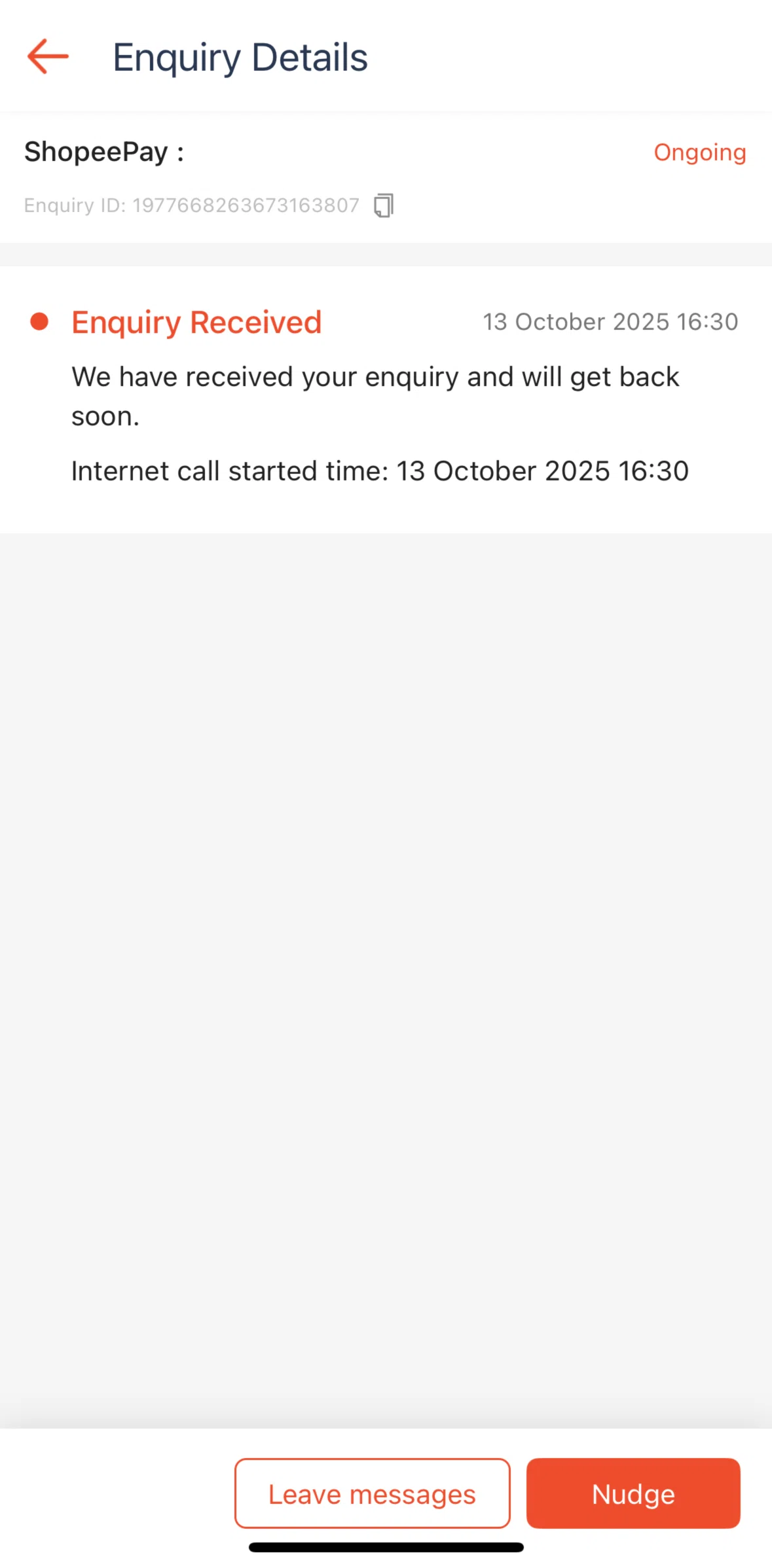 Shopee Screen screen in the Leaving a message flow