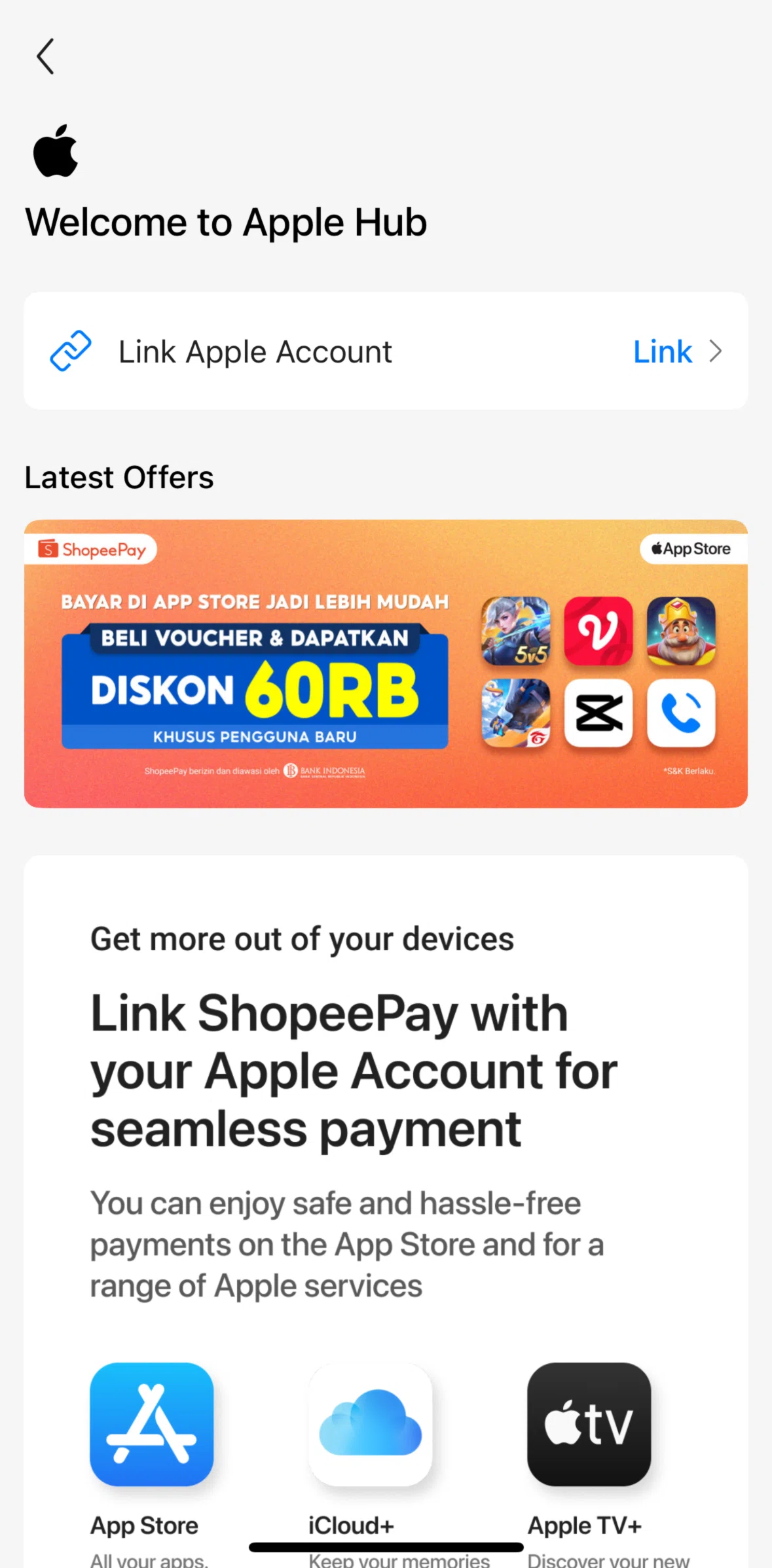 Shopee Screen screen in the Linking an Apple ID flow
