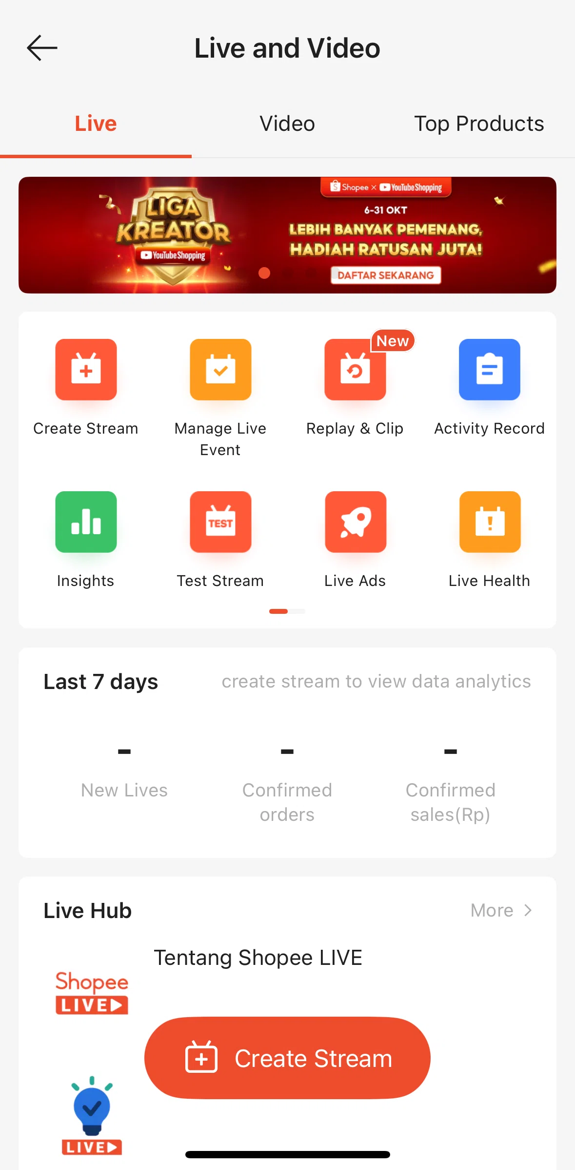 Shopee Screen screen in the Live (creator center) flow