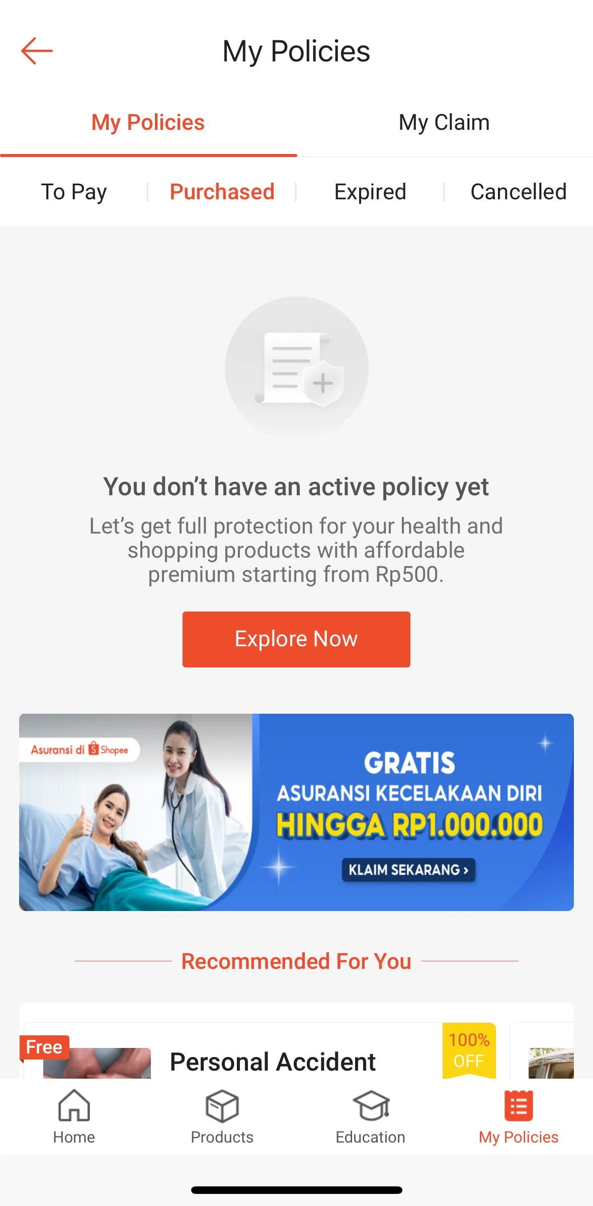 Shopee Screen screen in the My policies flow