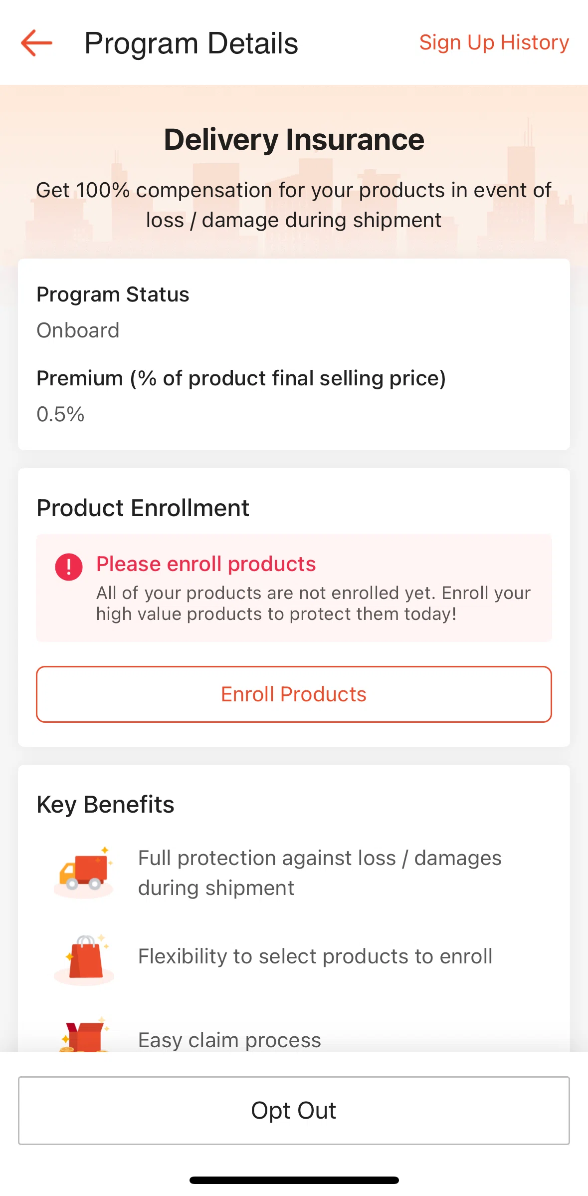 Shopee Screen screen in the Opting out a delivery insurance flow