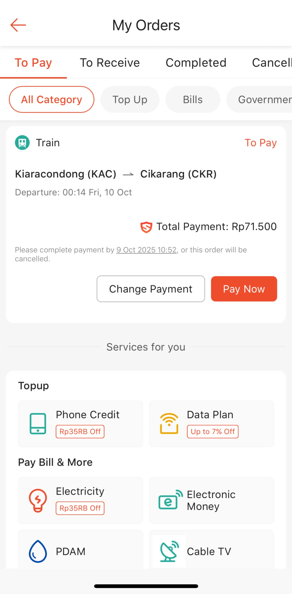 Shopee Screen screen in the Order detail (to pay) flow