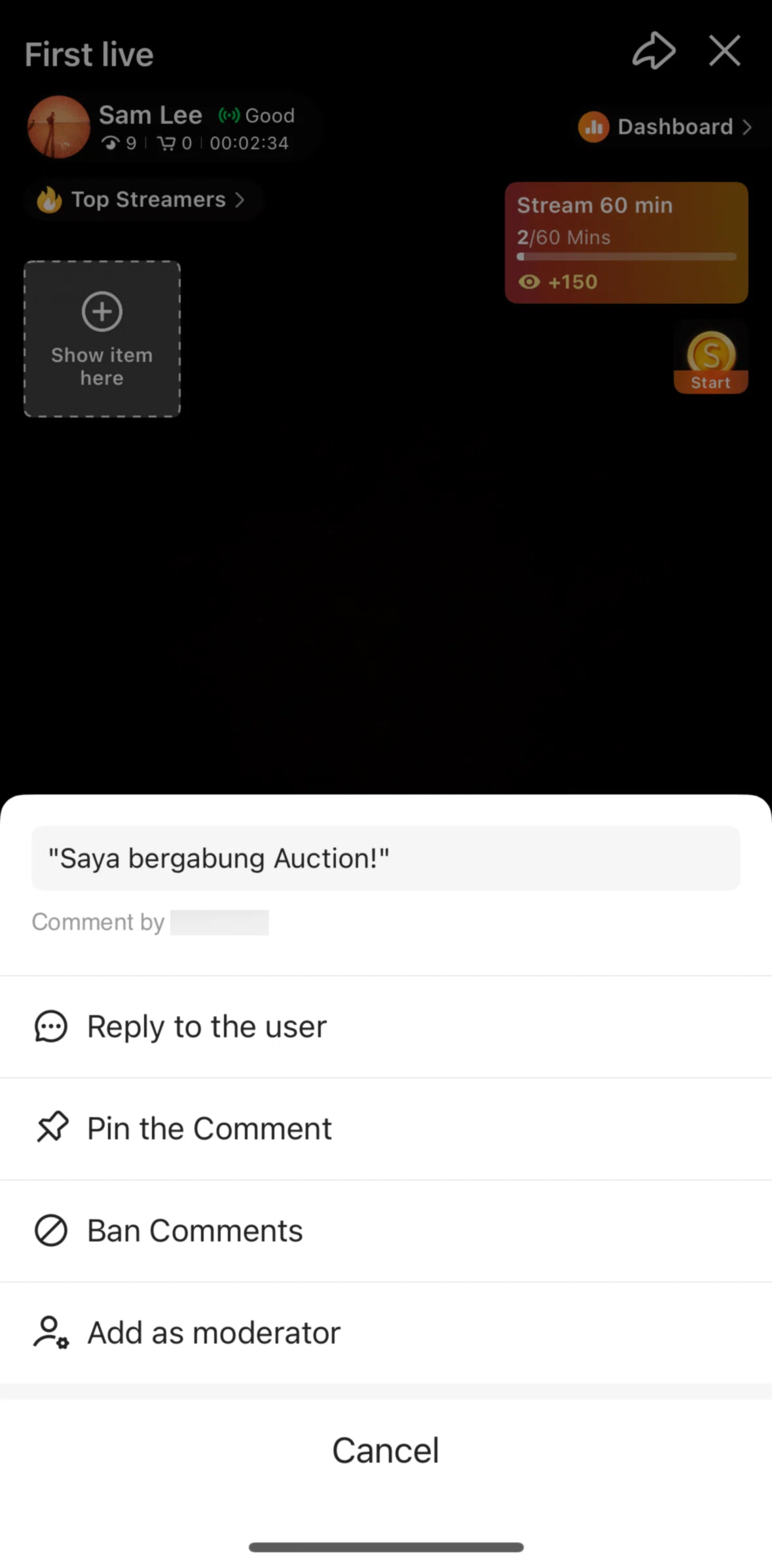 Shopee Screen screen in the Pinning a comment flow
