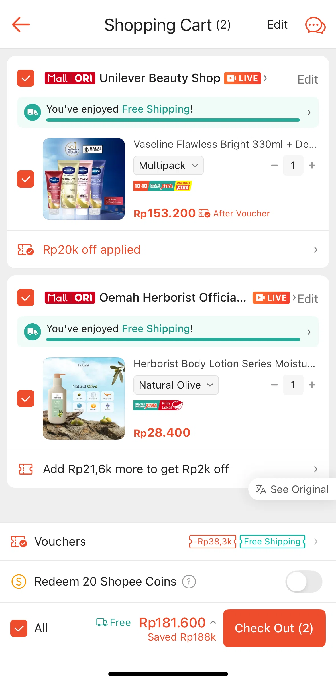 Shopee Screen screen in the Placing an order flow