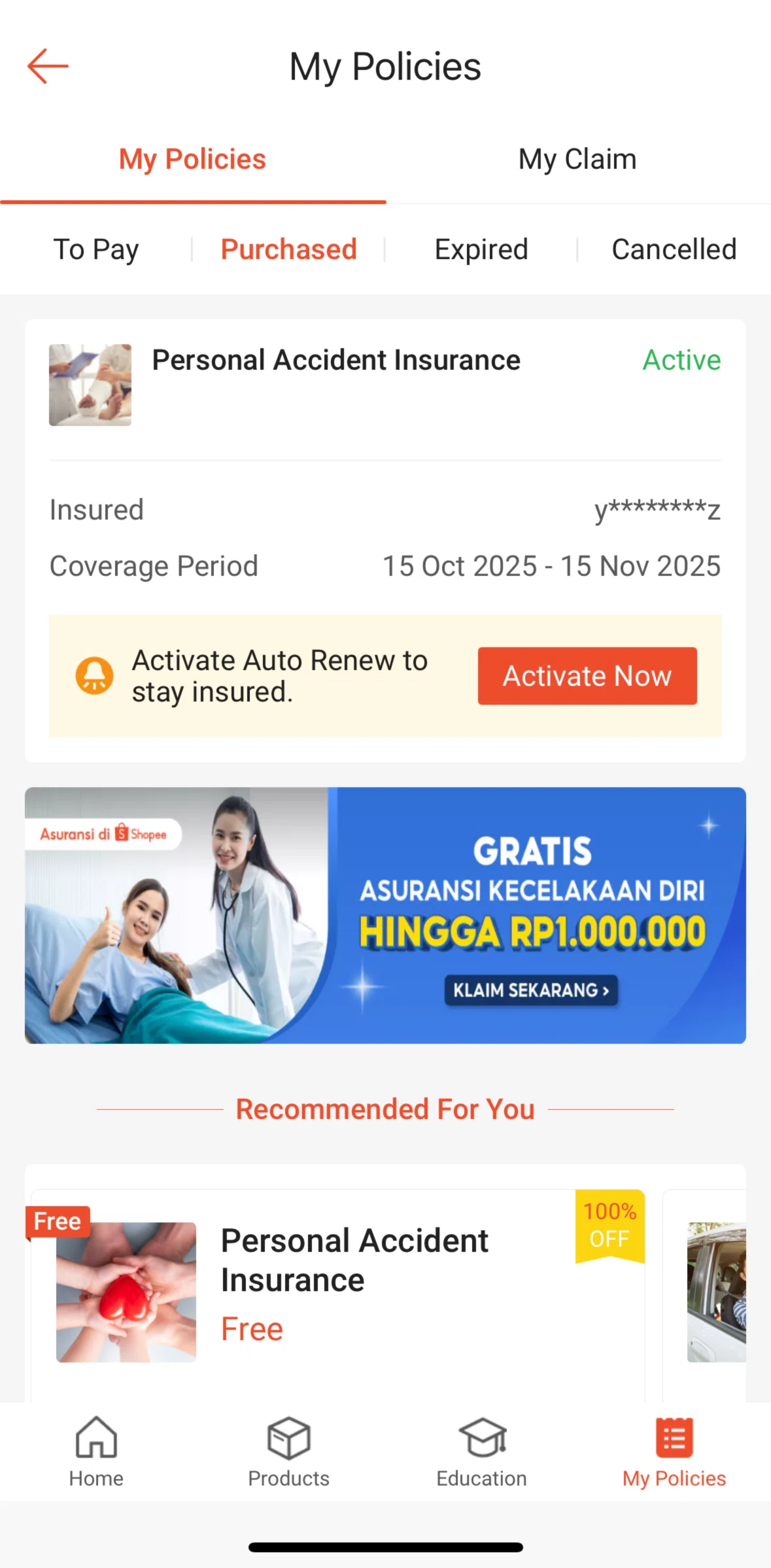 Shopee Screen screen in the Policy detail flow