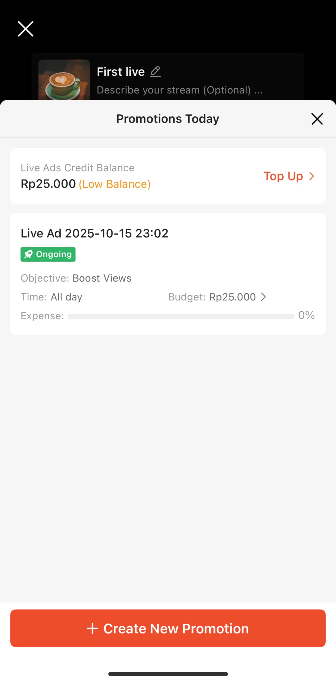 Shopee Screen screen in the Promotion detail (live streaming) flow