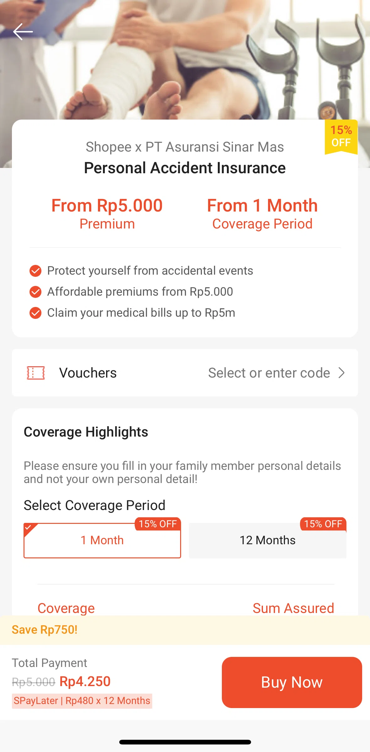 Shopee Screen screen in the Purchasing an insurance flow
