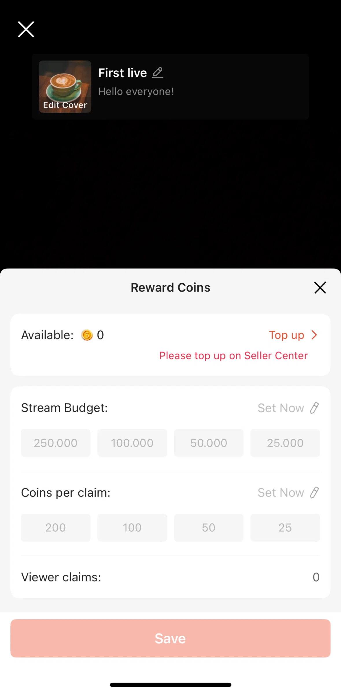 Shopee Screen screen in the Purchasing seller coins flow