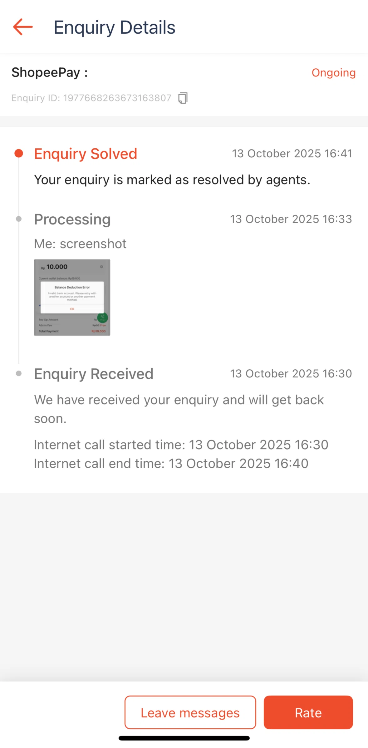 Shopee Screen screen in the Rating an enquiry flow