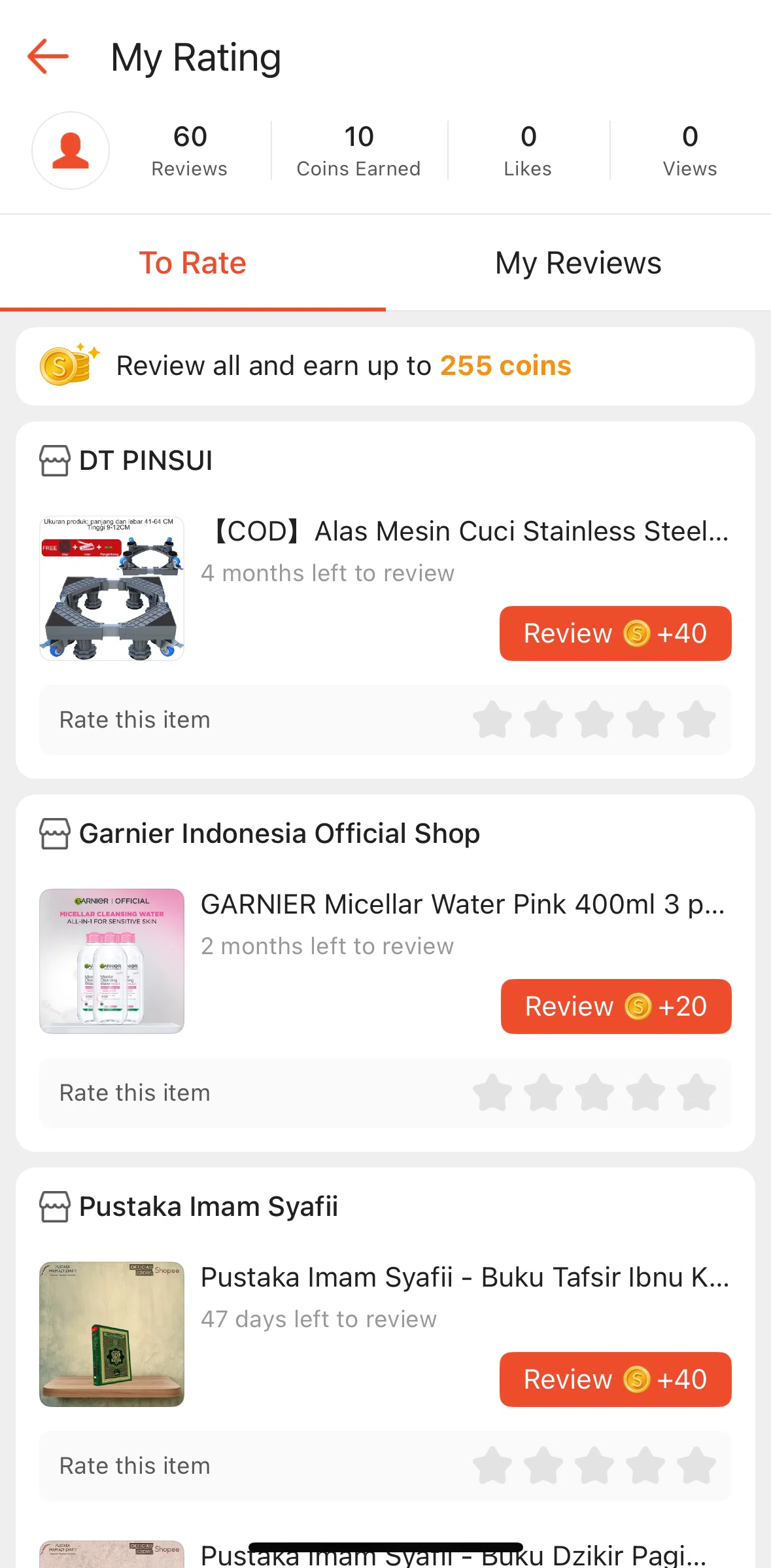 Shopee Screen screen in the Rating an order flow