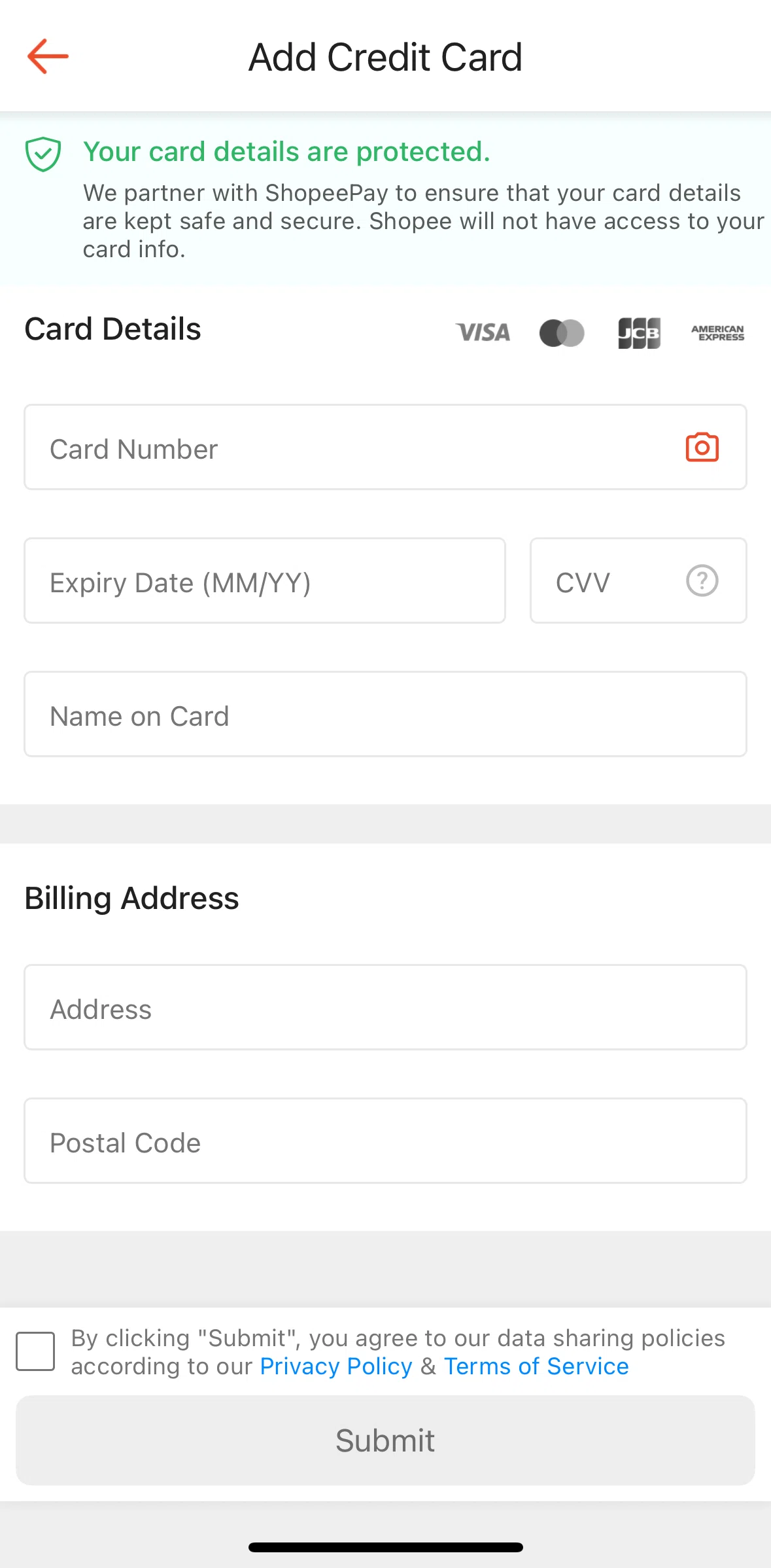 Shopee Screen screen in the Scanning a card (credit card) flow