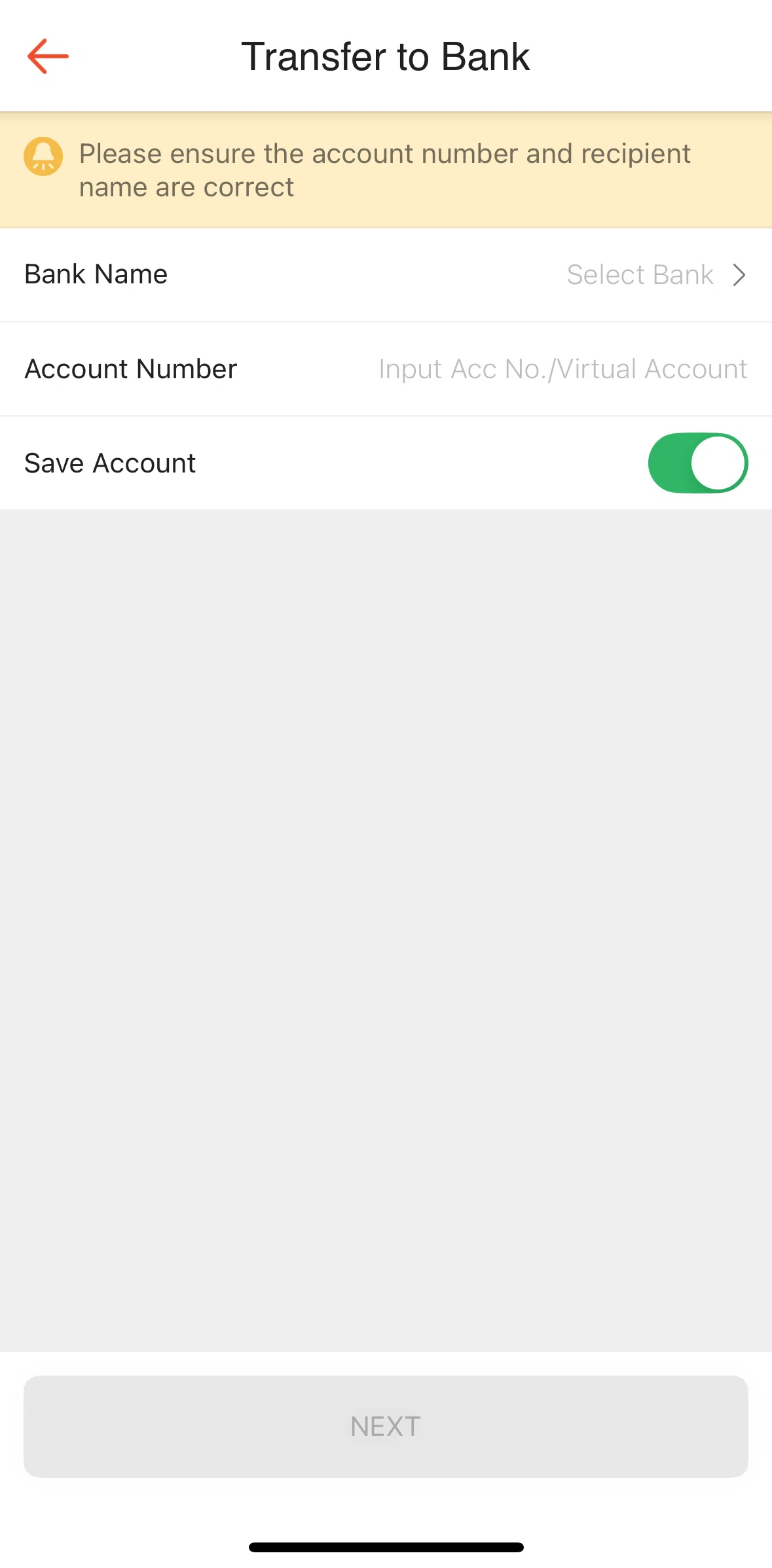 Shopee Screen screen in the Selecting a bank to transfer flow
