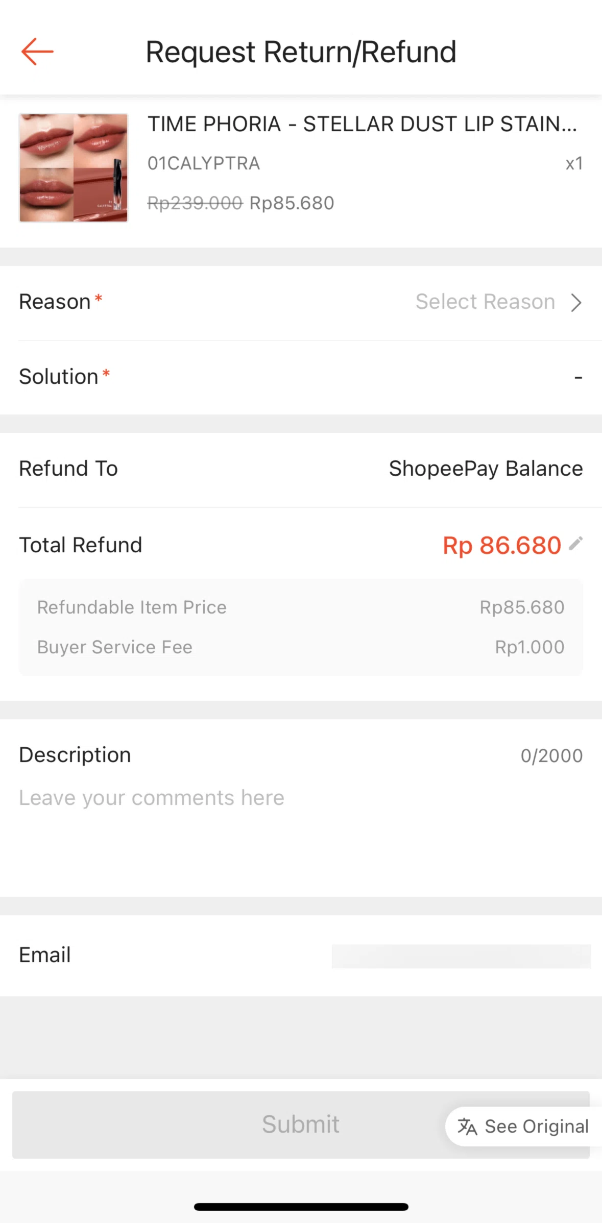 Shopee Screen screen in the Selecting a reason flow