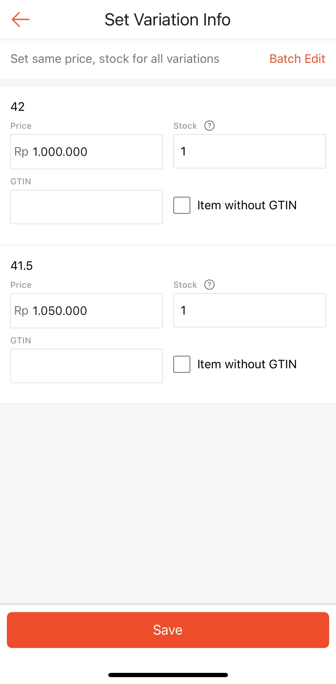 Shopee Screen screen in the Setting a variation info in batch flow