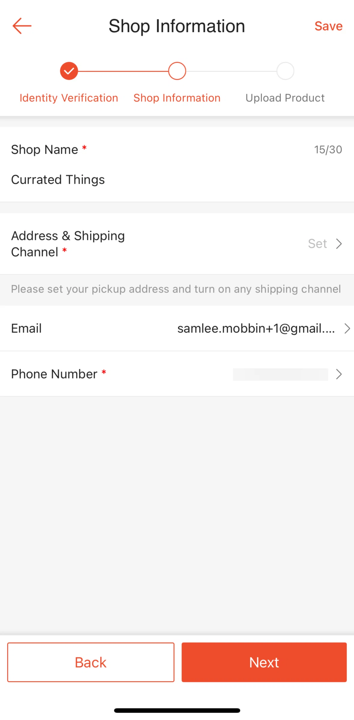 Shopee Screen screen in the Shipping settings flow