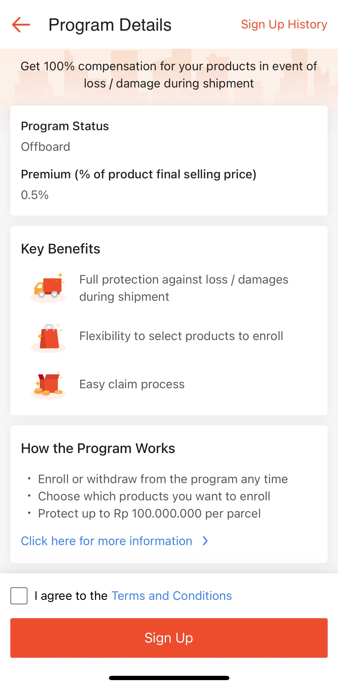 Shopee Screen screen in the Signing up for a delivery insurance flow