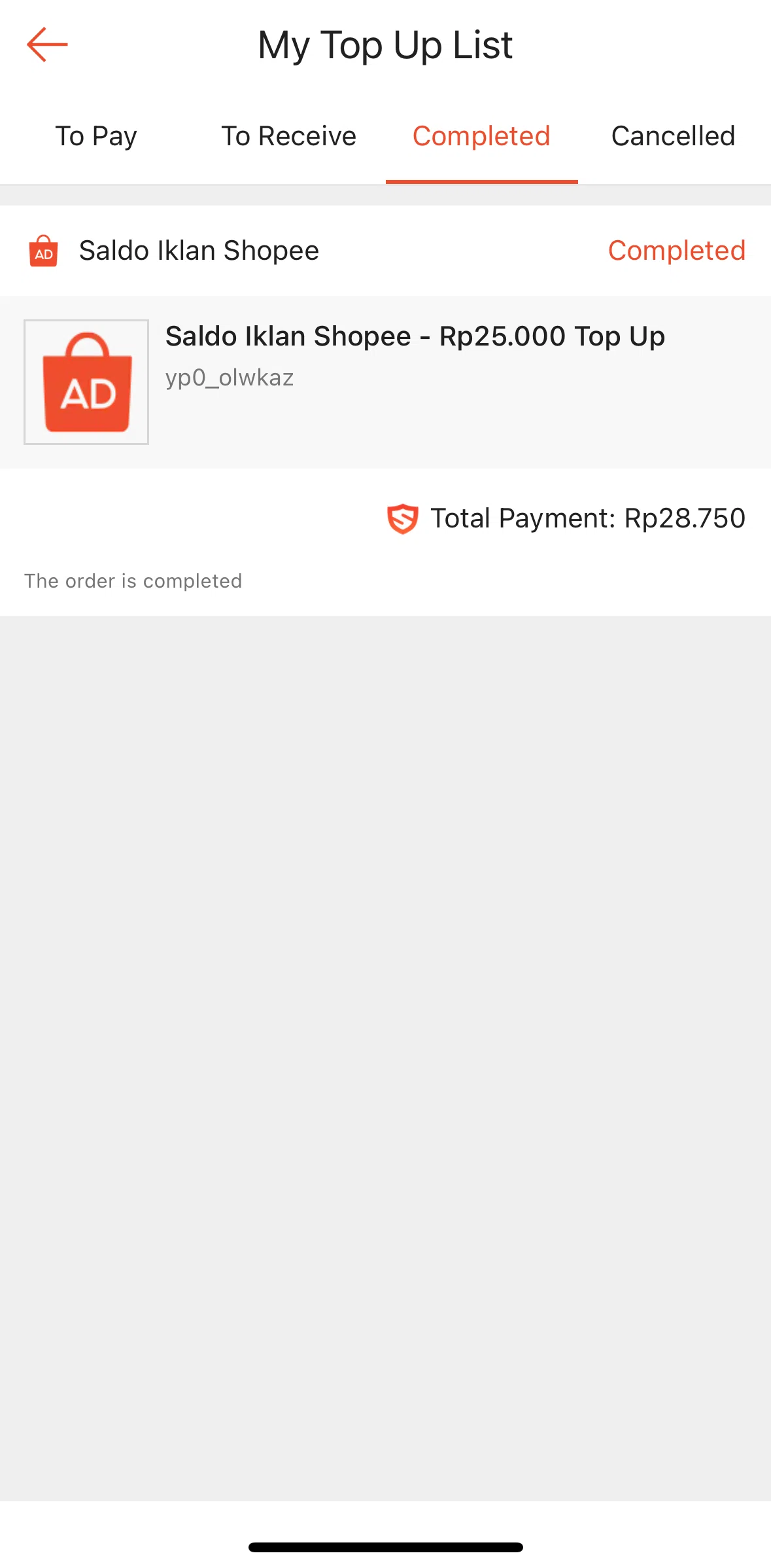 Shopee Screen screen in the Top up list flow