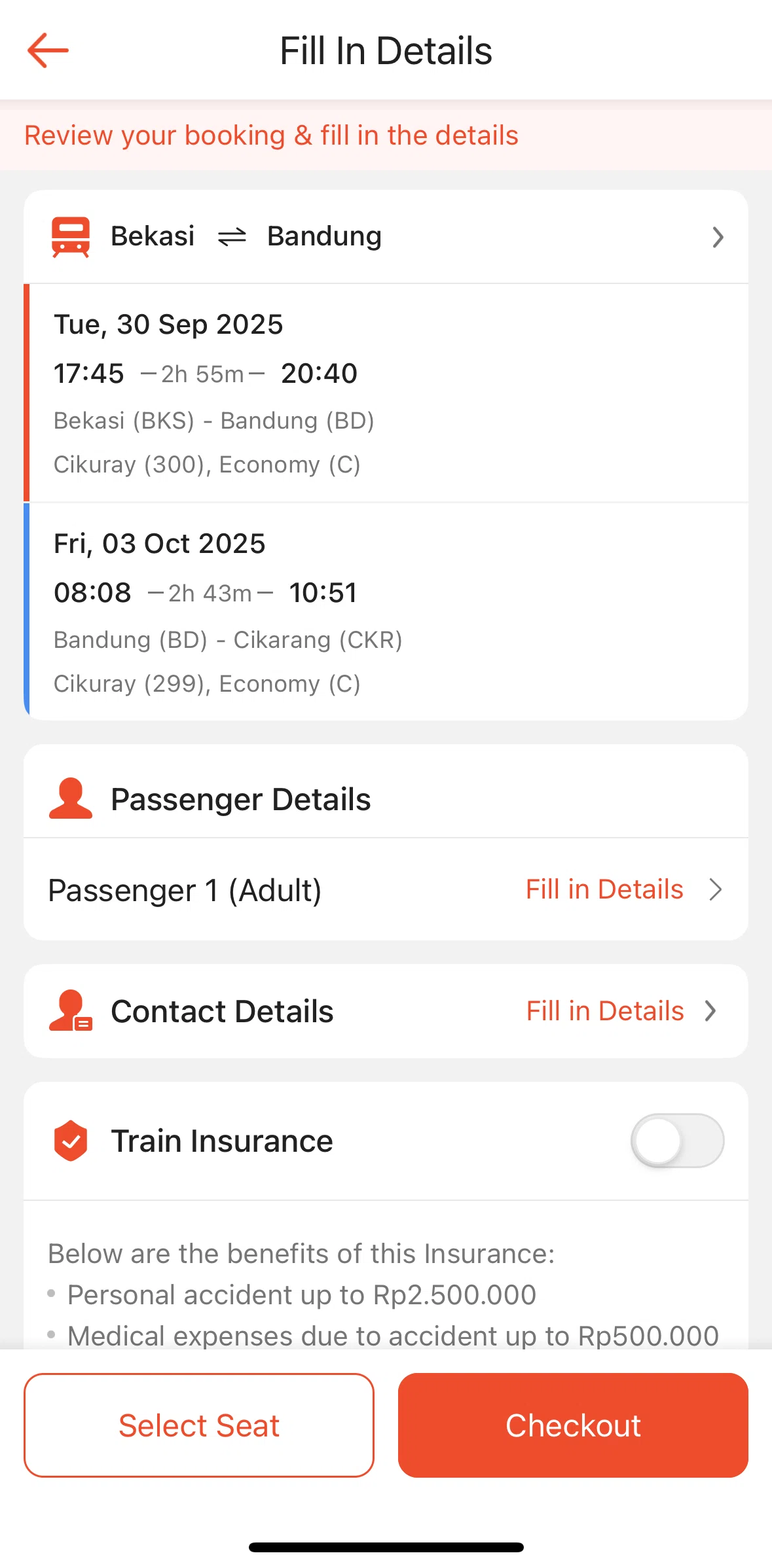 Shopee Screen screen in the Trip information (train) flow