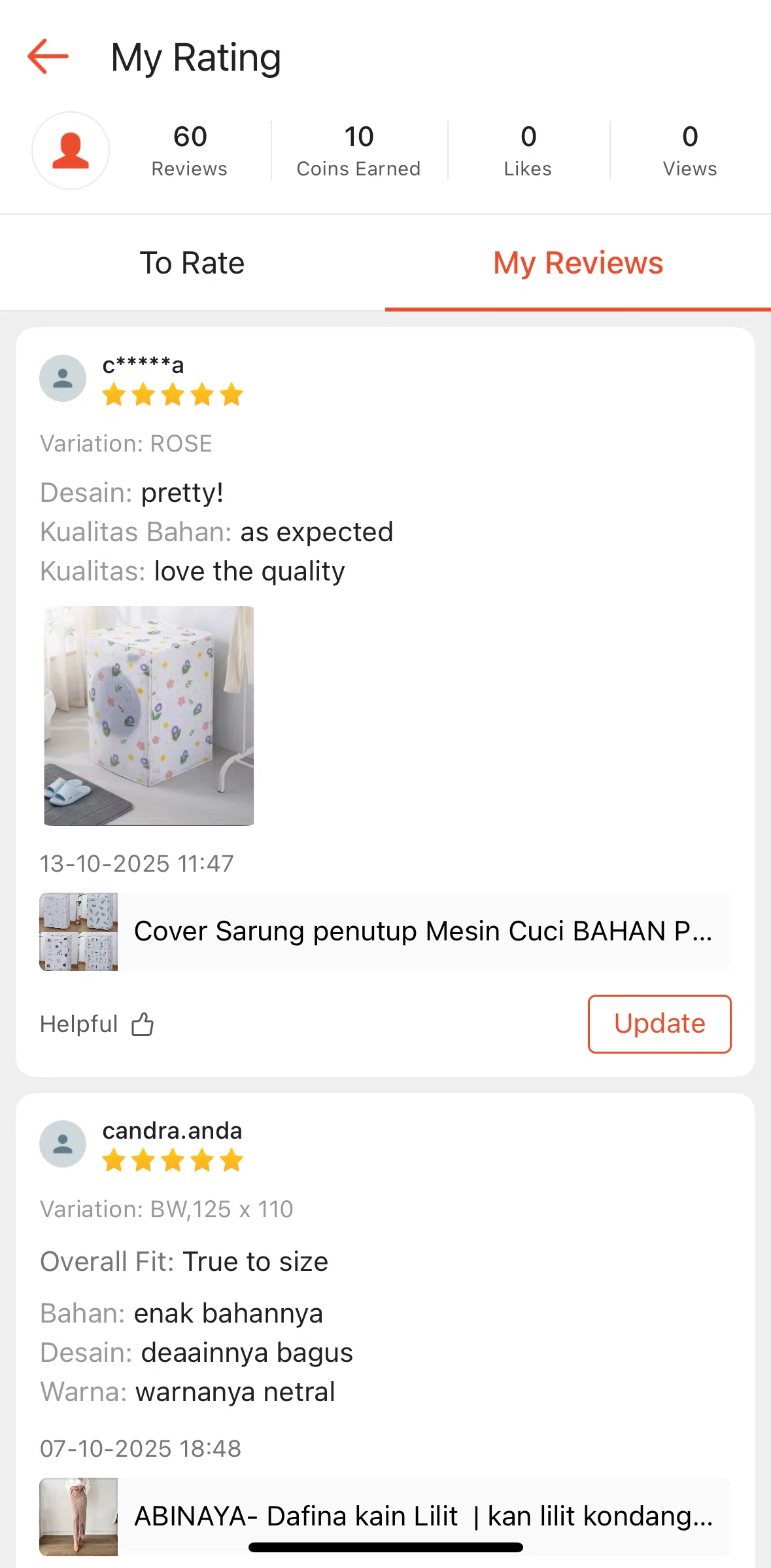 Shopee Screen screen in the Updating a review flow