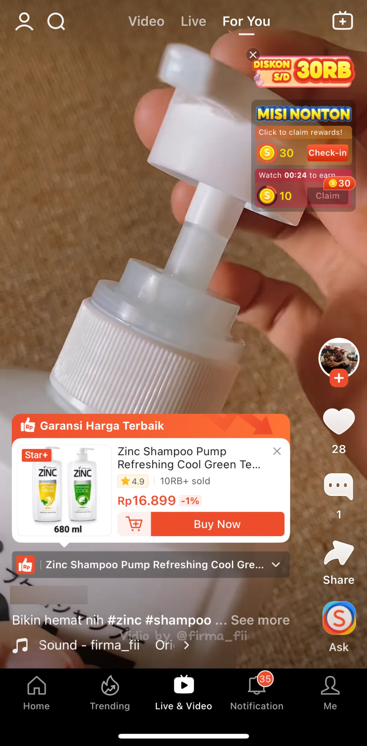 Shopee Screen screen in the Video flow