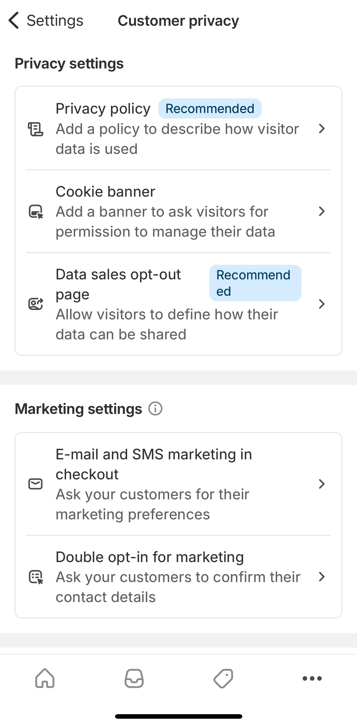 Shopify Screen screen in the Adding a privacy policy flow