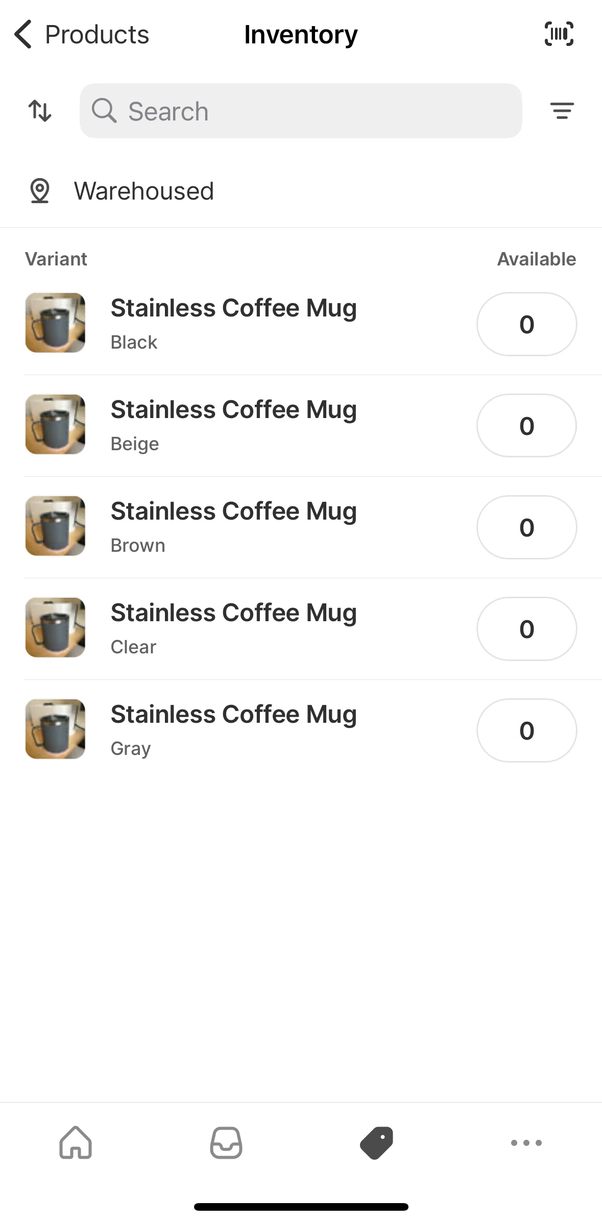 Shopify Screen screen in the Adding stock to product flow