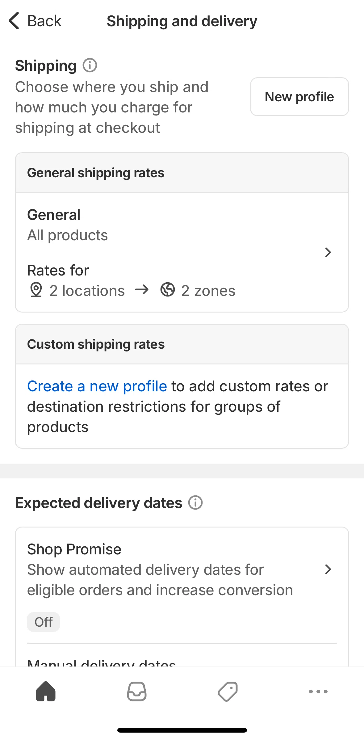 Shopify Screen screen in the Creating a shipping profile flow