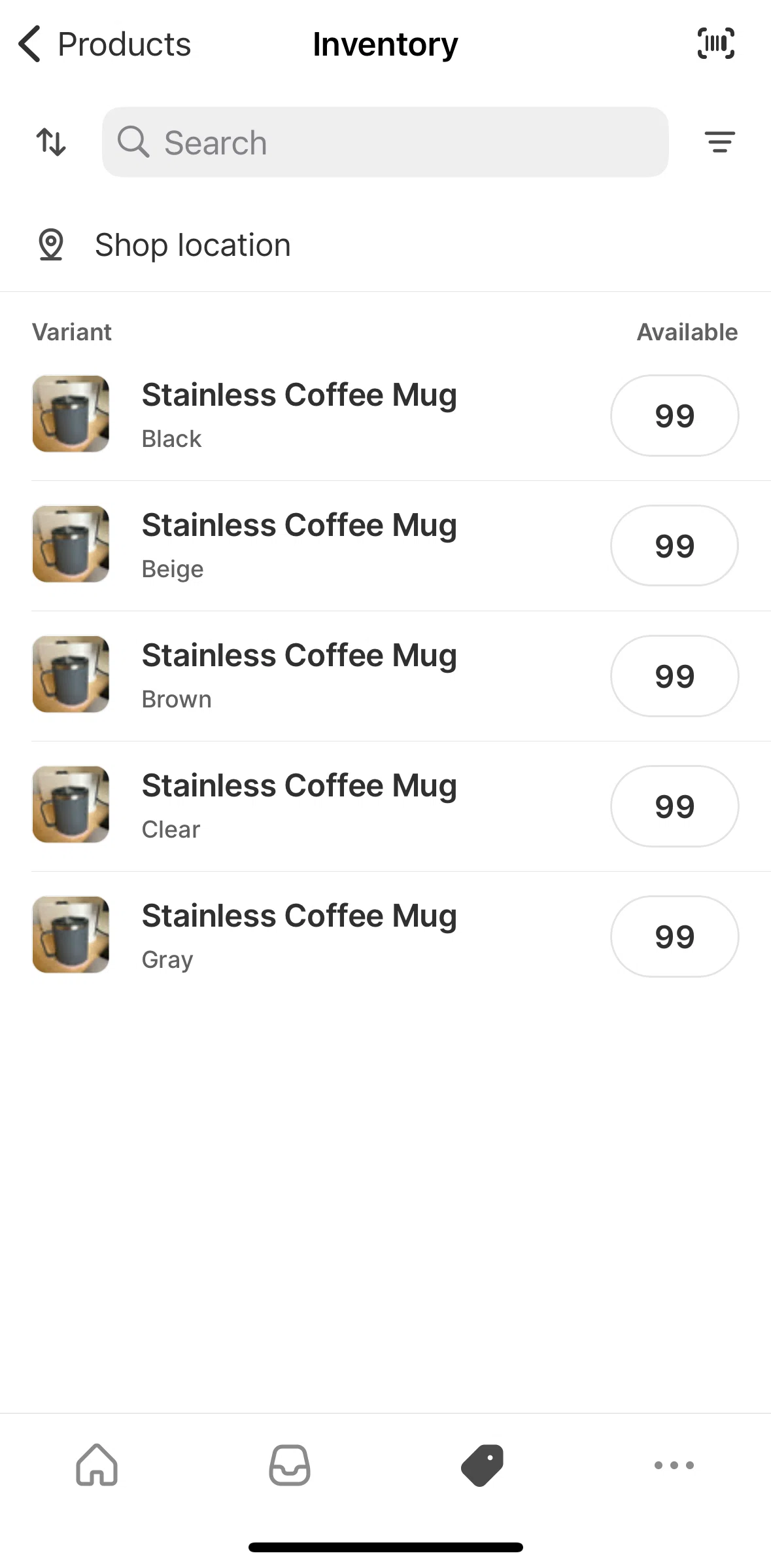 Shopify Screen screen in the Inventory scanner flow