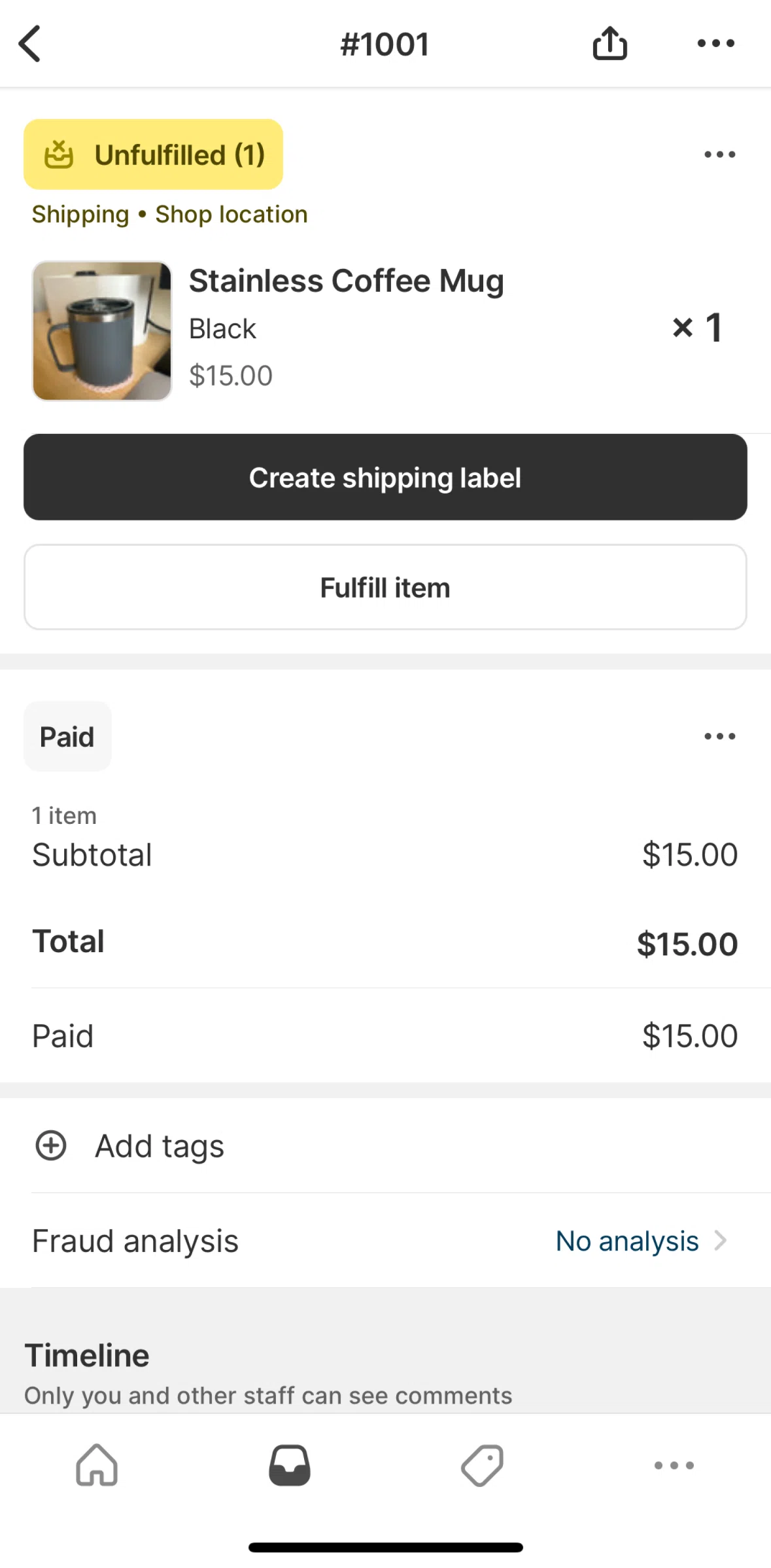 Shopify Screen screen in the Marking order as fulfilled flow