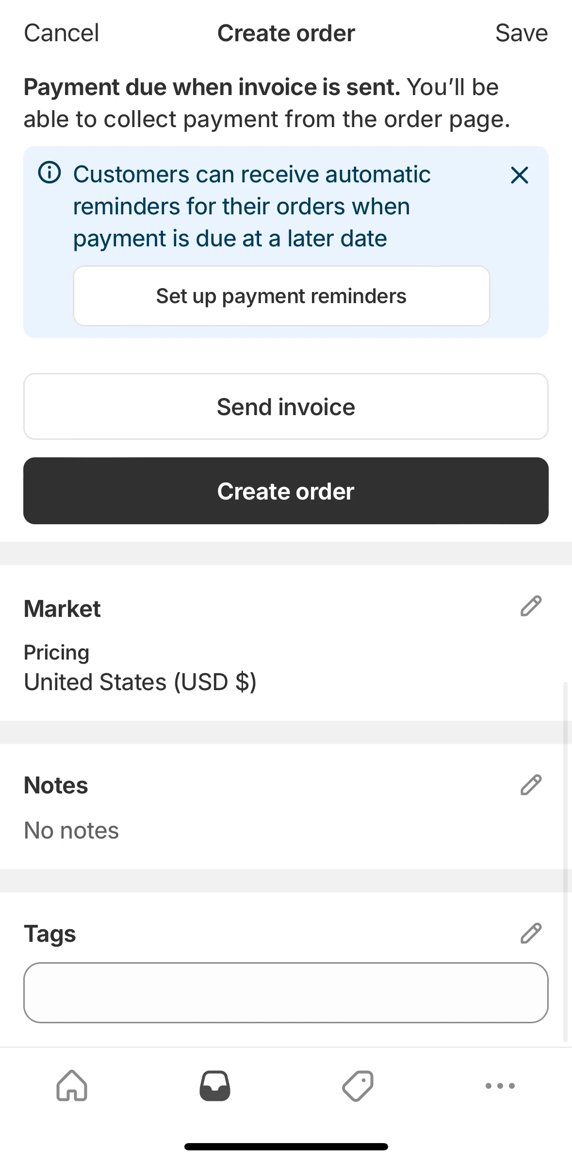 Shopify Screen screen in the Send invoice flow