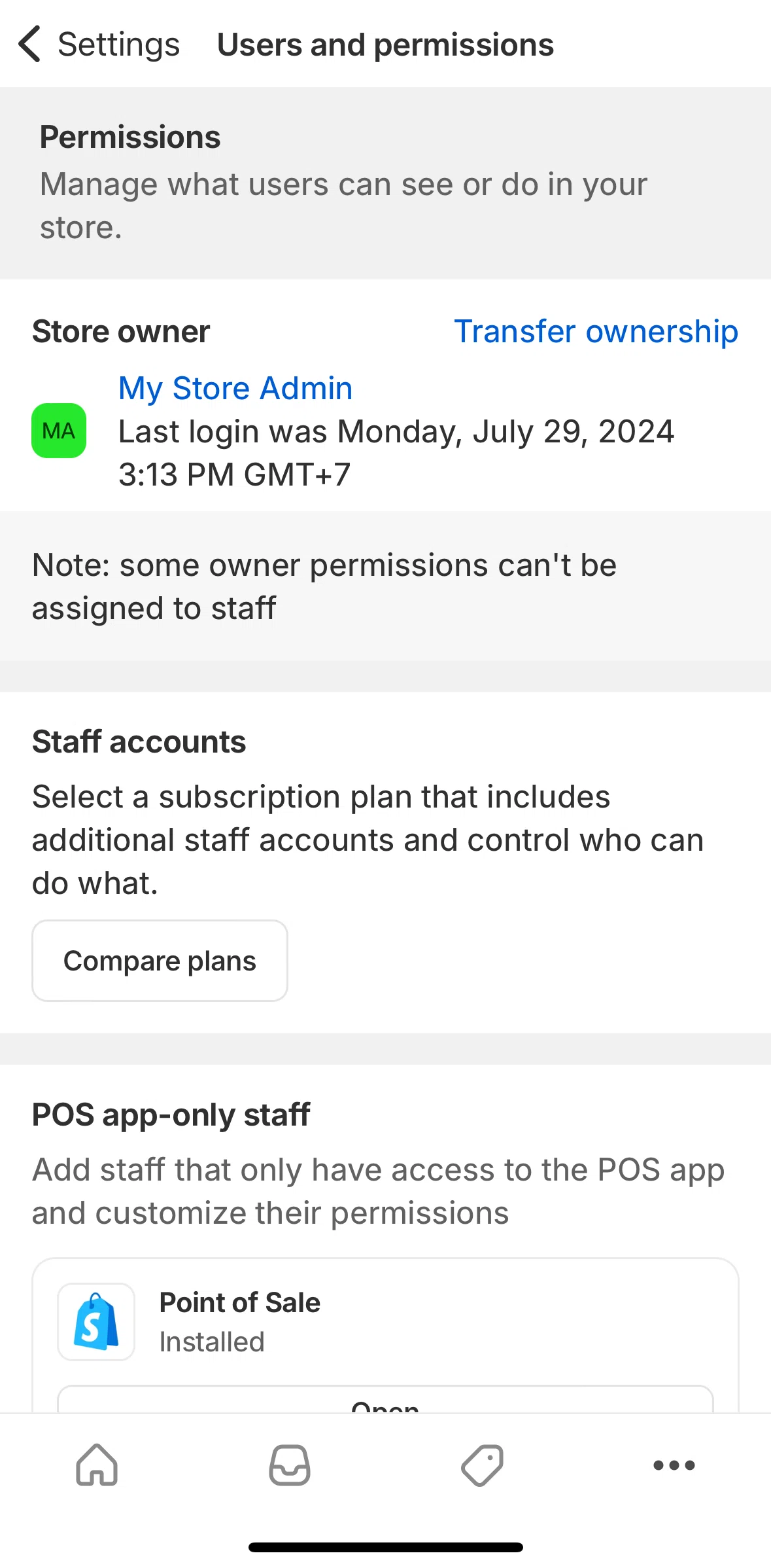 Shopify Screen screen in the Transfer ownership flow