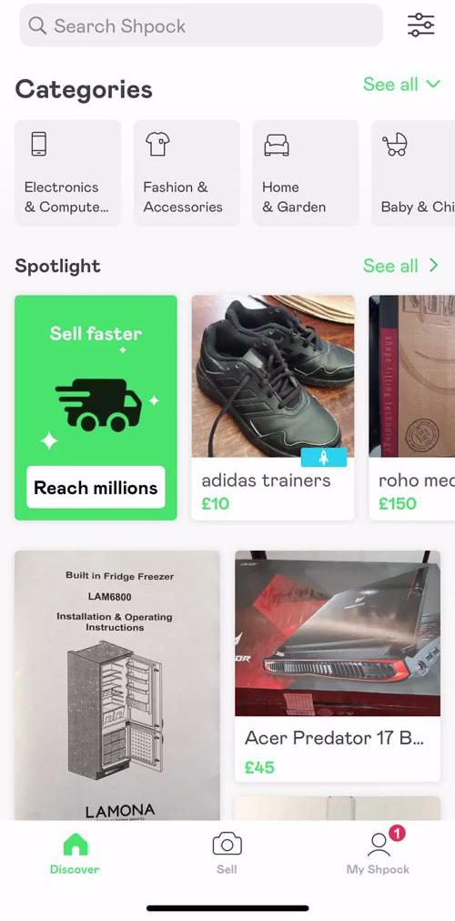 Shpock Home feed screen in the Buying Something flow