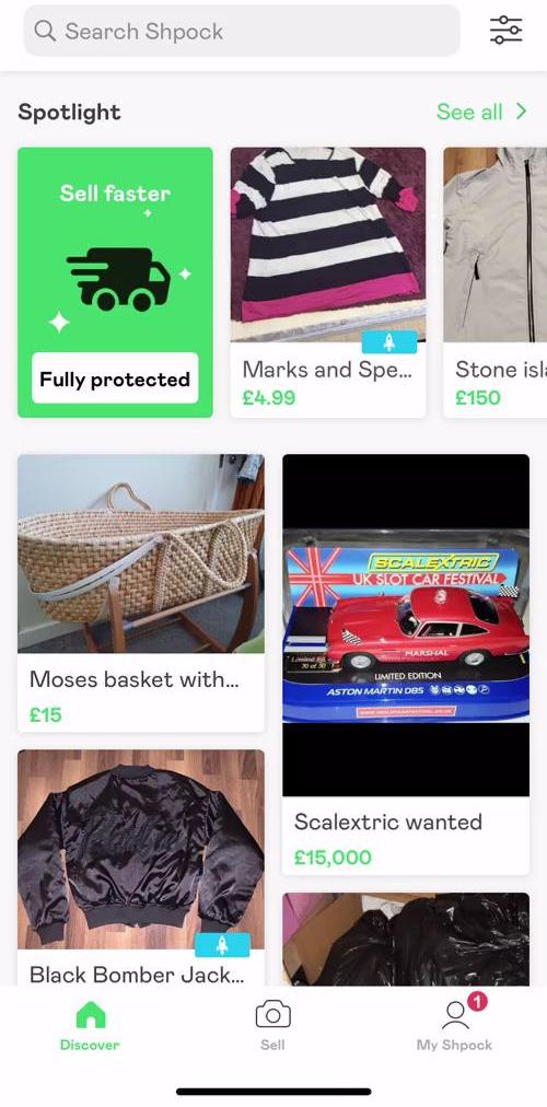 Shpock Home feed screen in the Searching flow