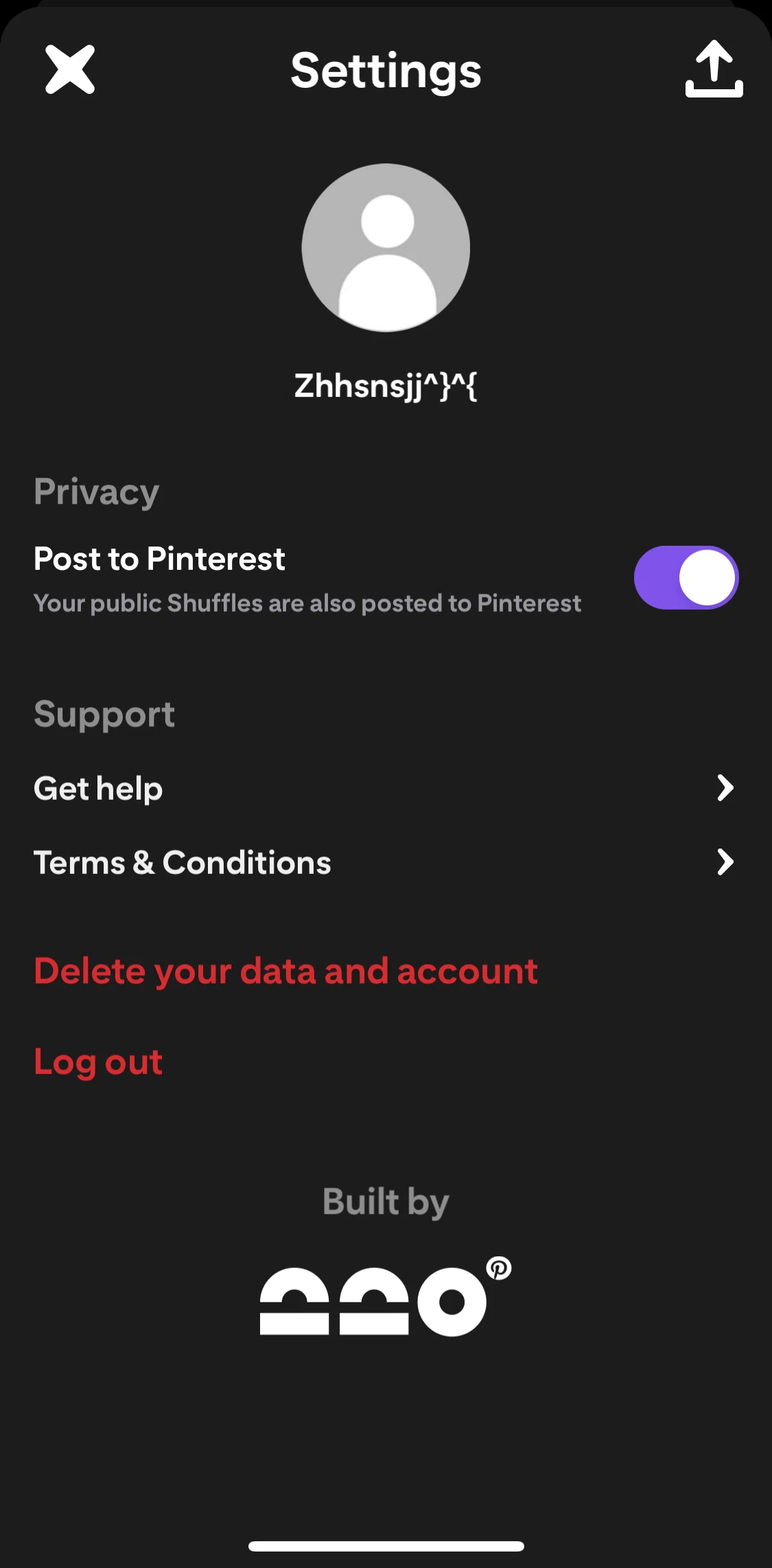 Shuffles by Pinterest Screen screen in the Deleting data and account flow