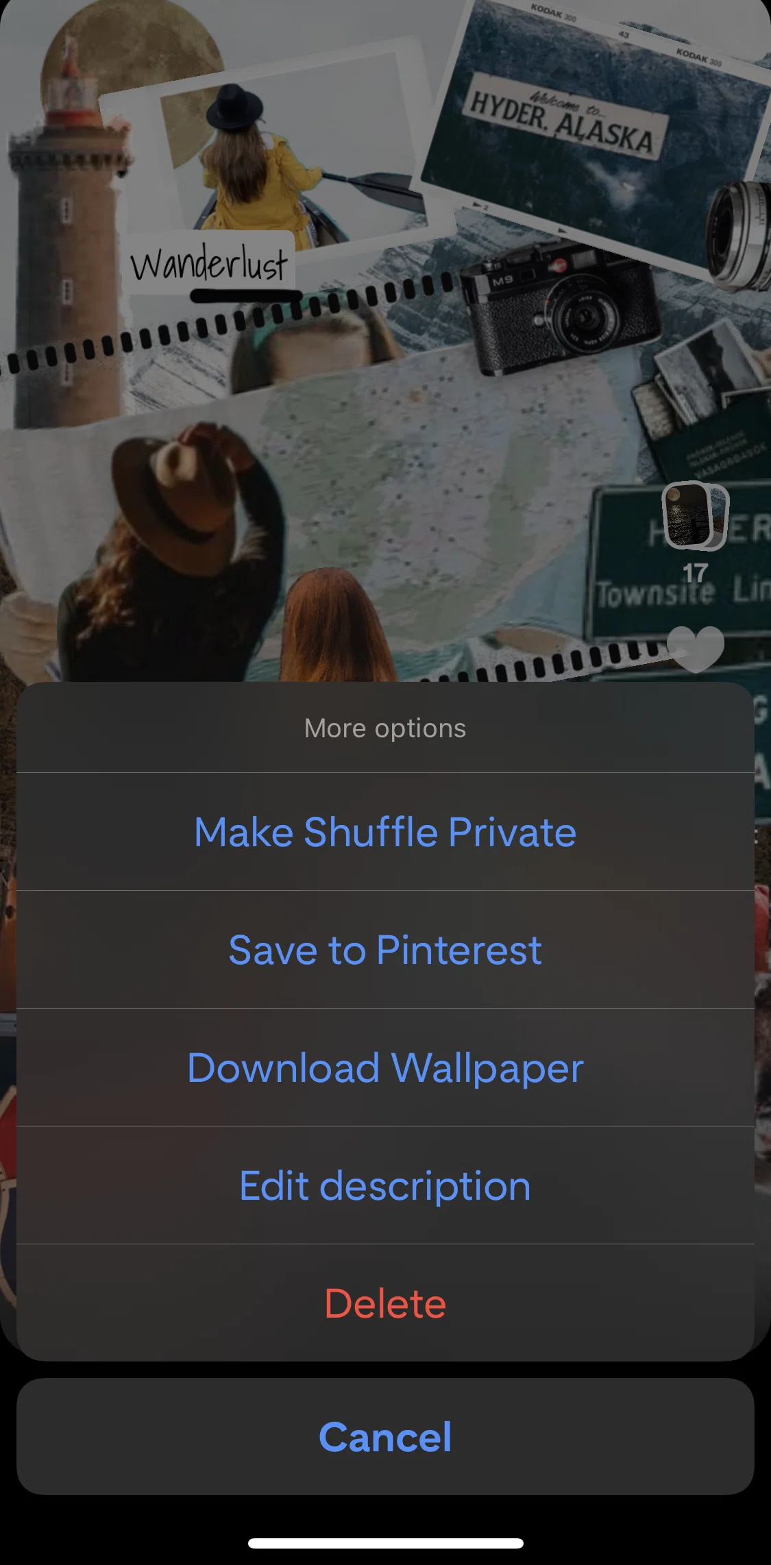 Shuffles by Pinterest Screen screen in the Editing shuffle description flow
