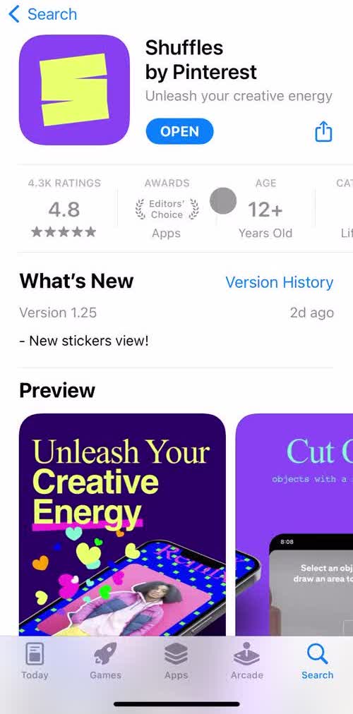 Shuffles App store listing screen in the Onboarding flow