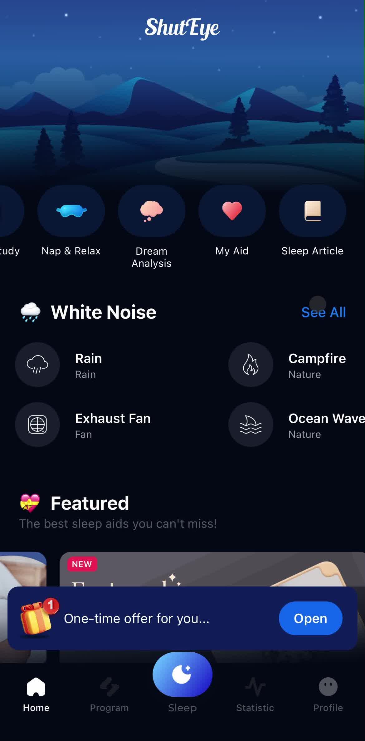 Shuteye Home screen in the Filtering And Sorting flow