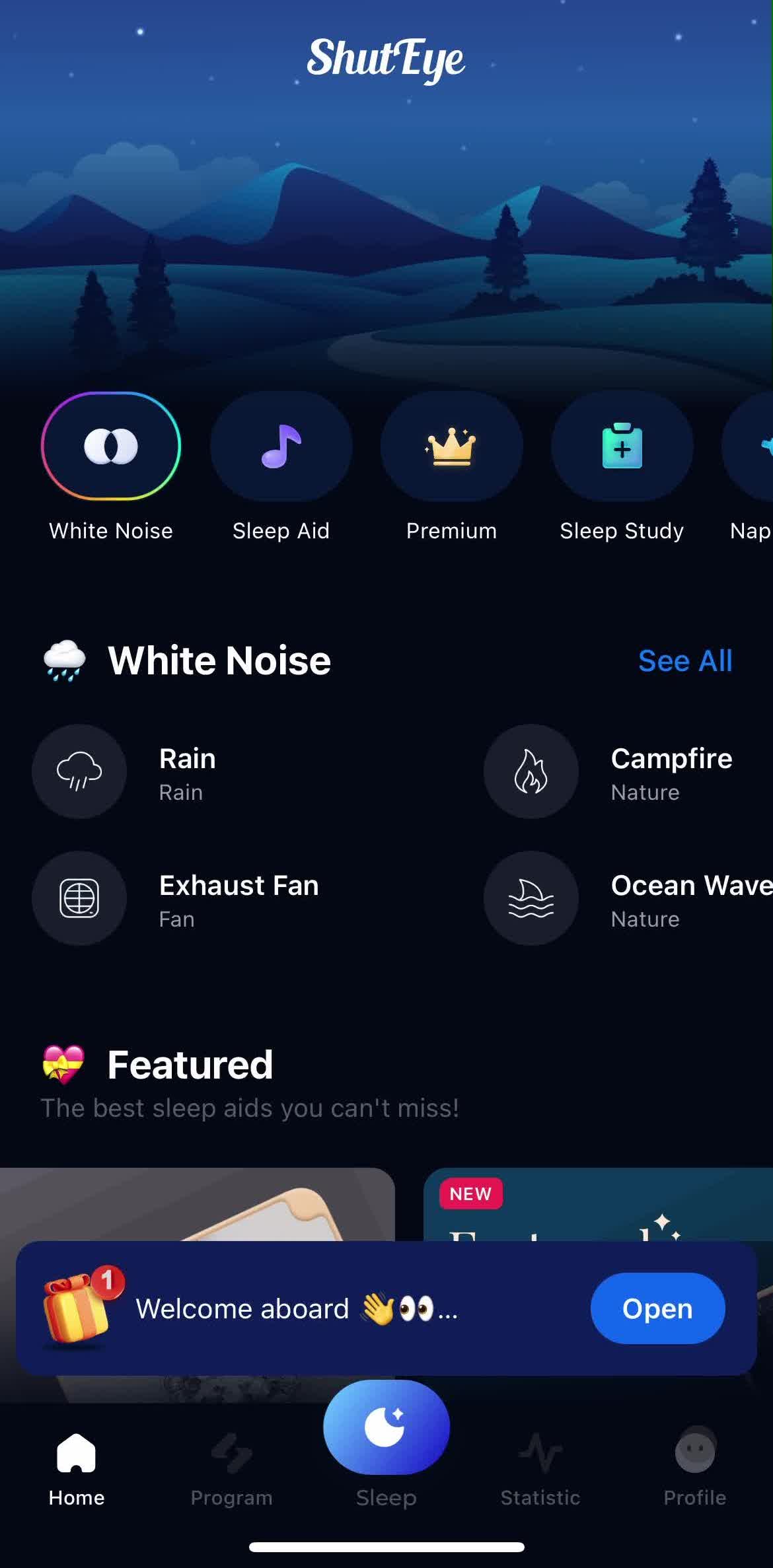 Shuteye Home screen in the Logging Out flow