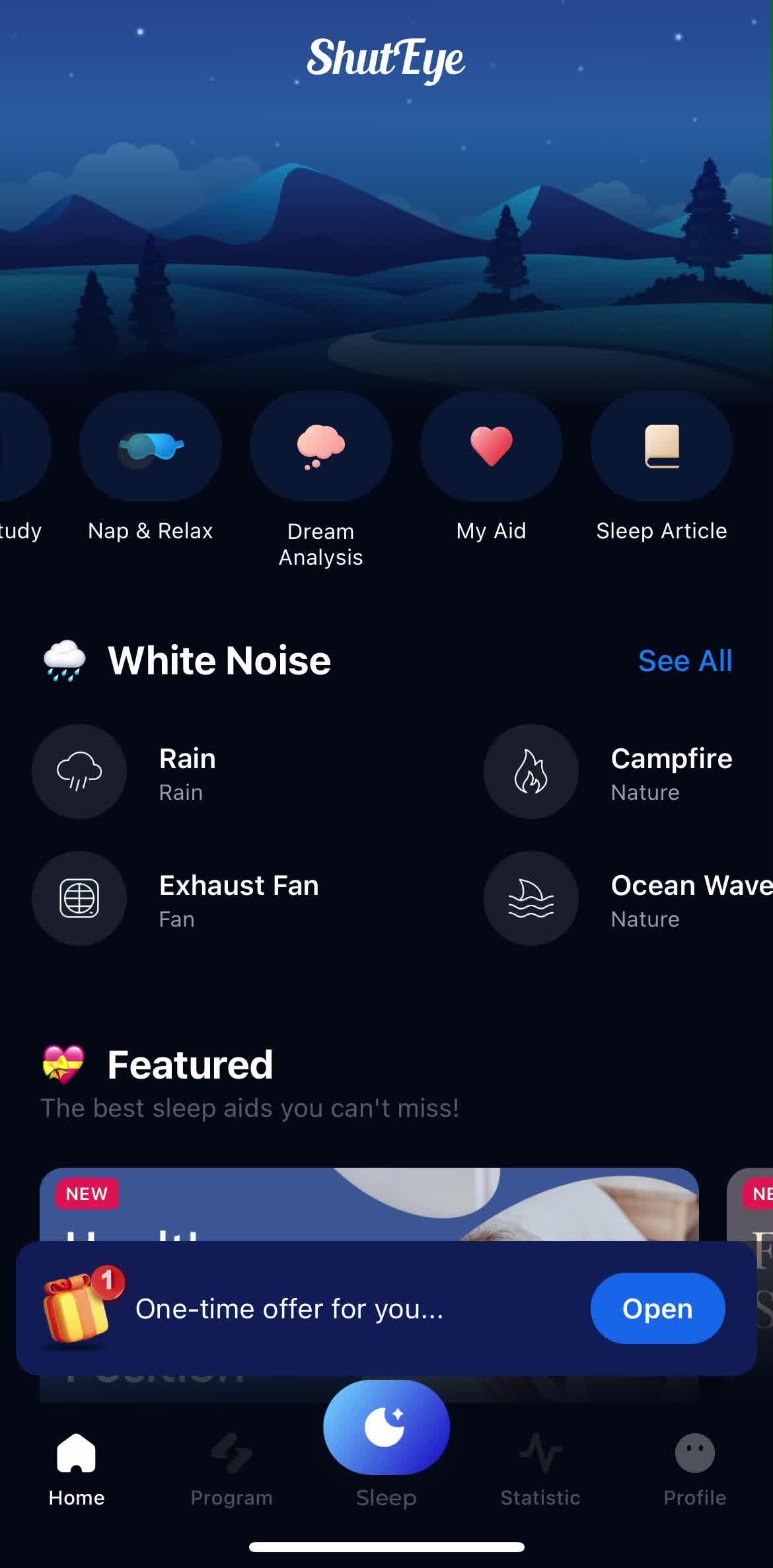 Shuteye Home screen in the Setting An Alarm flow
