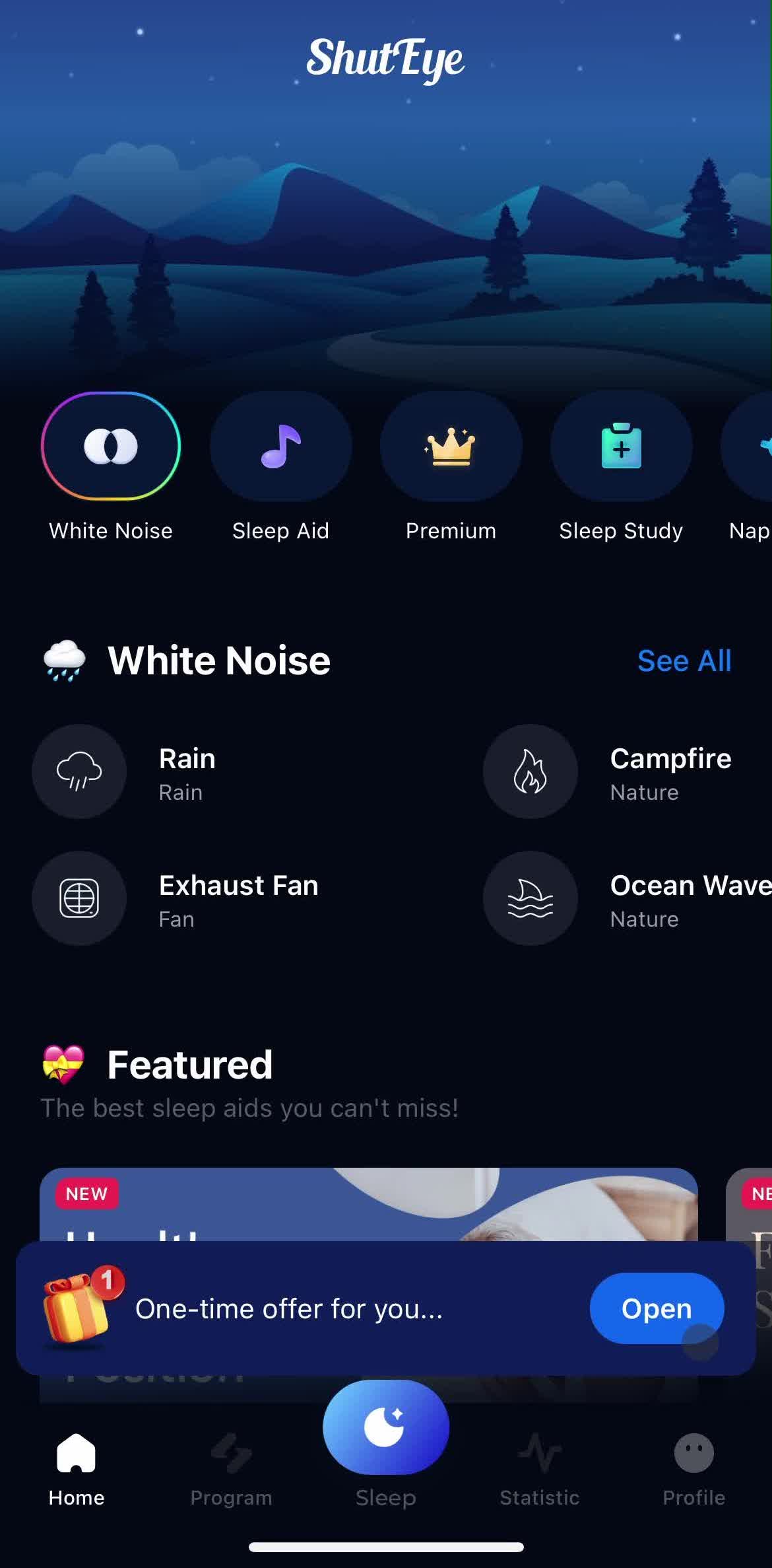Shuteye Home screen in the Settings flow