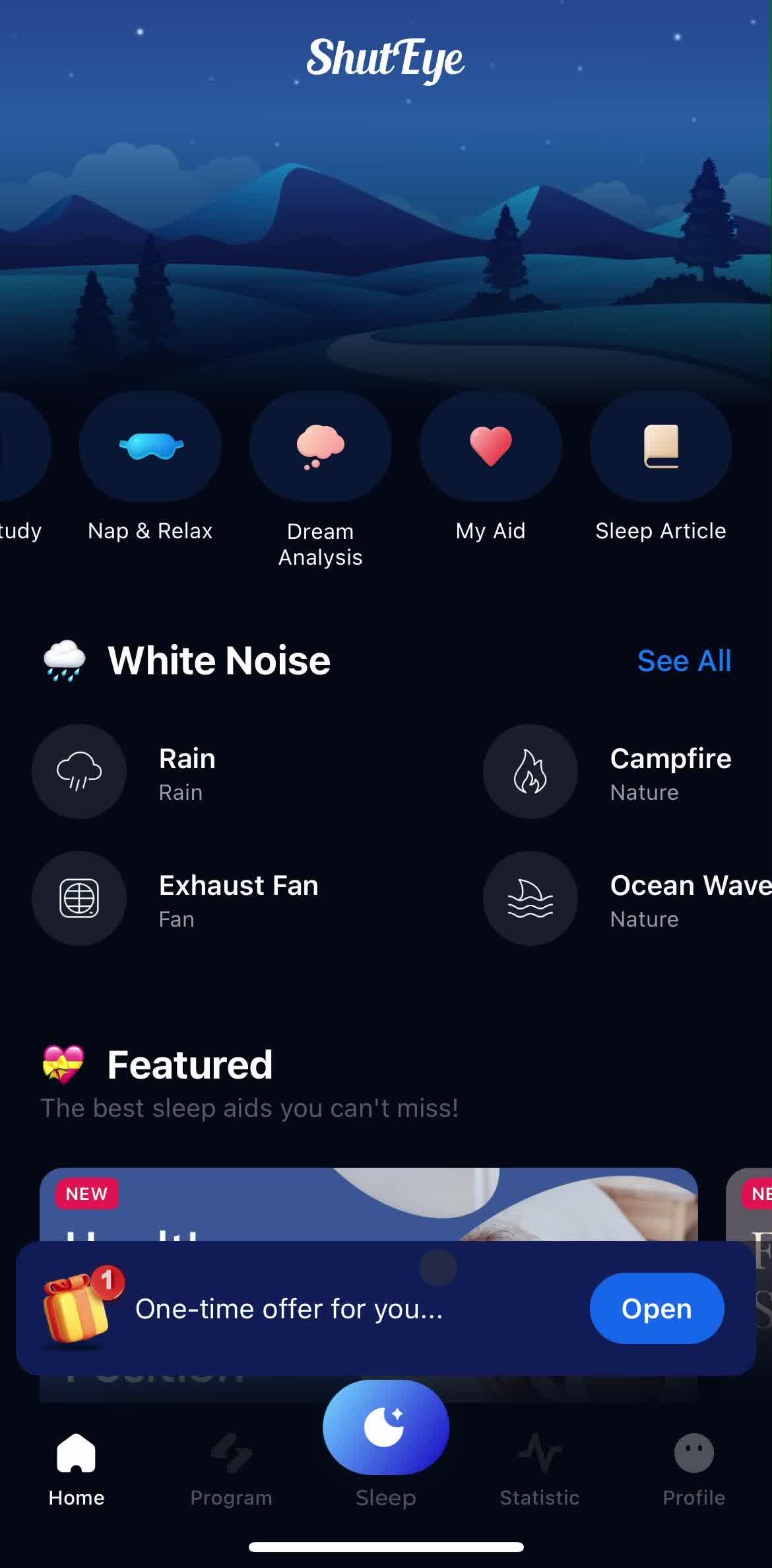 Shuteye Home screen in the Upgrading Your Account flow
