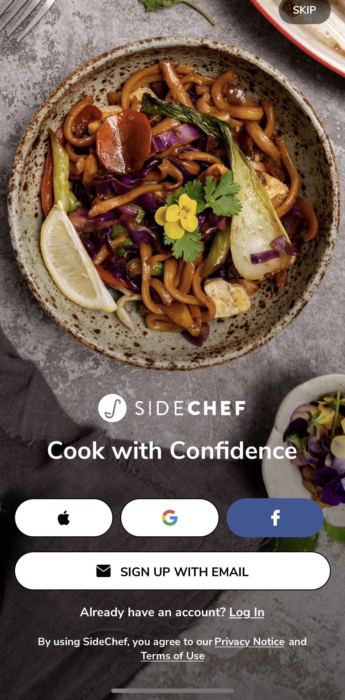 SideChef Screen screen in the Logging in flow