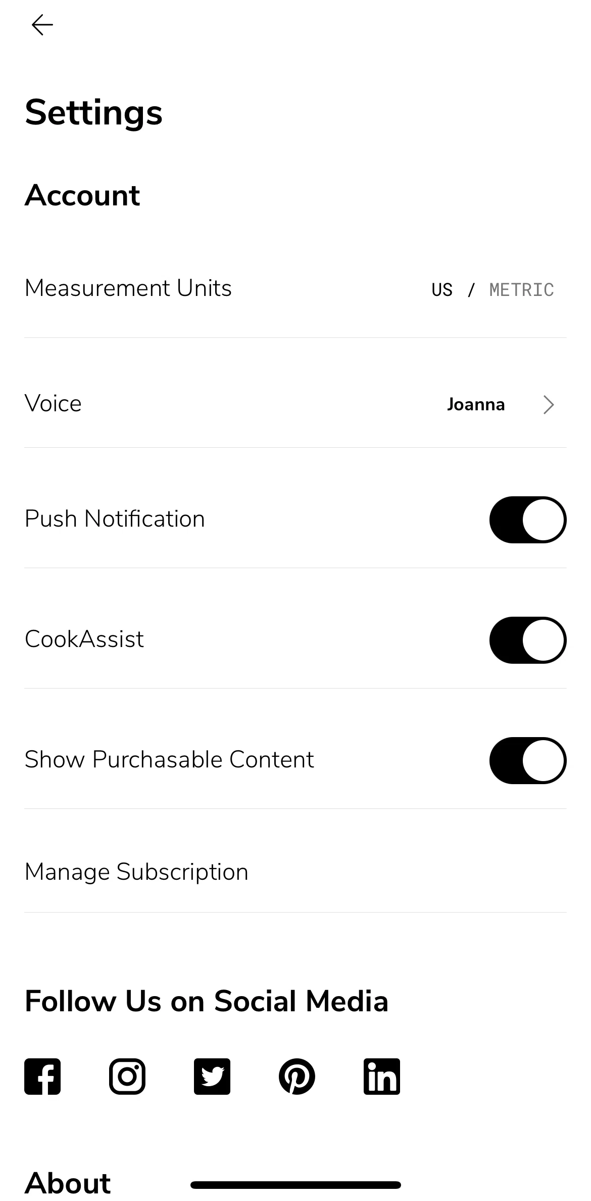 SideChef Screen screen in the Settings flow