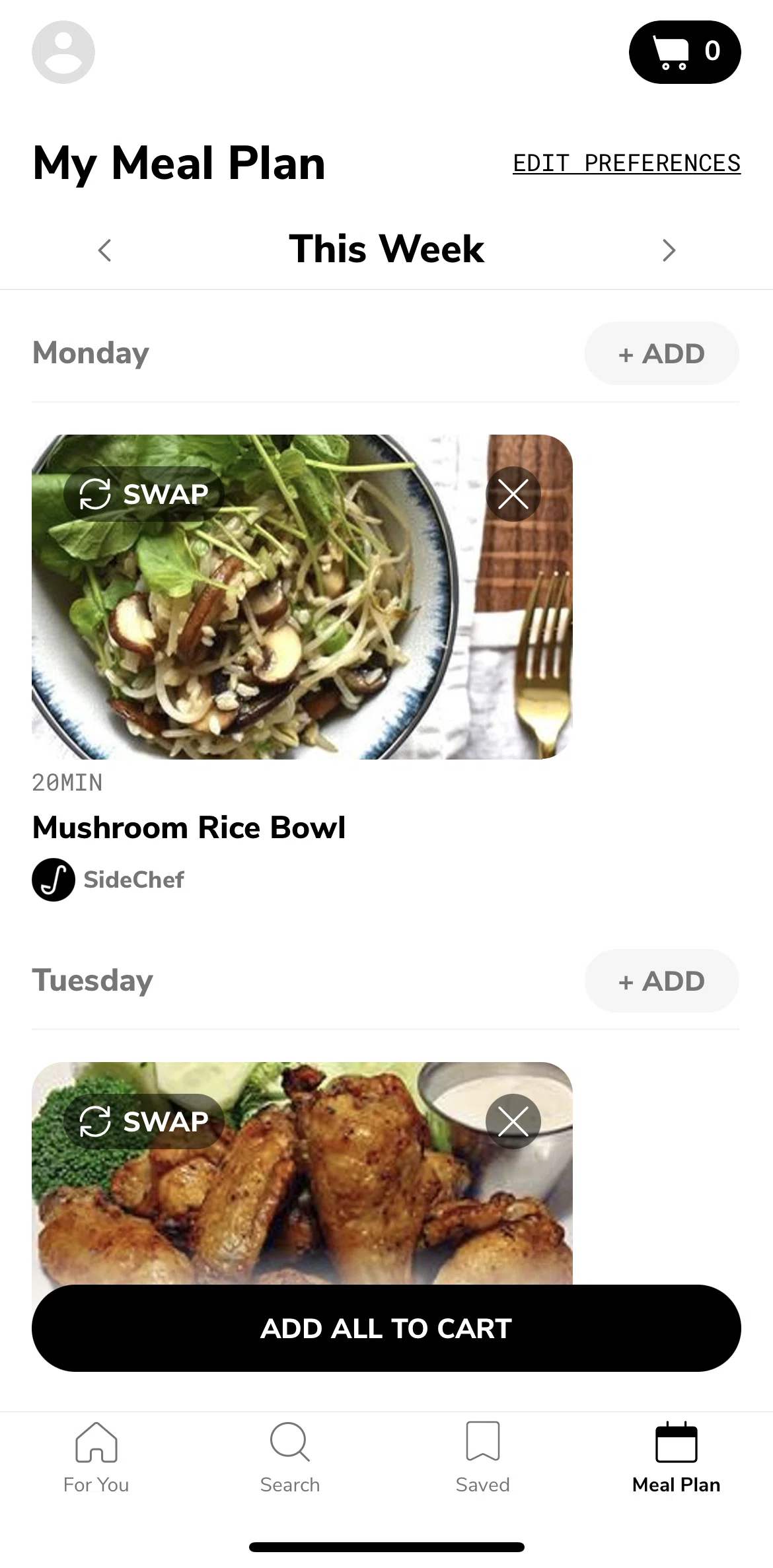SideChef Screen screen in the Swapping recipe flow