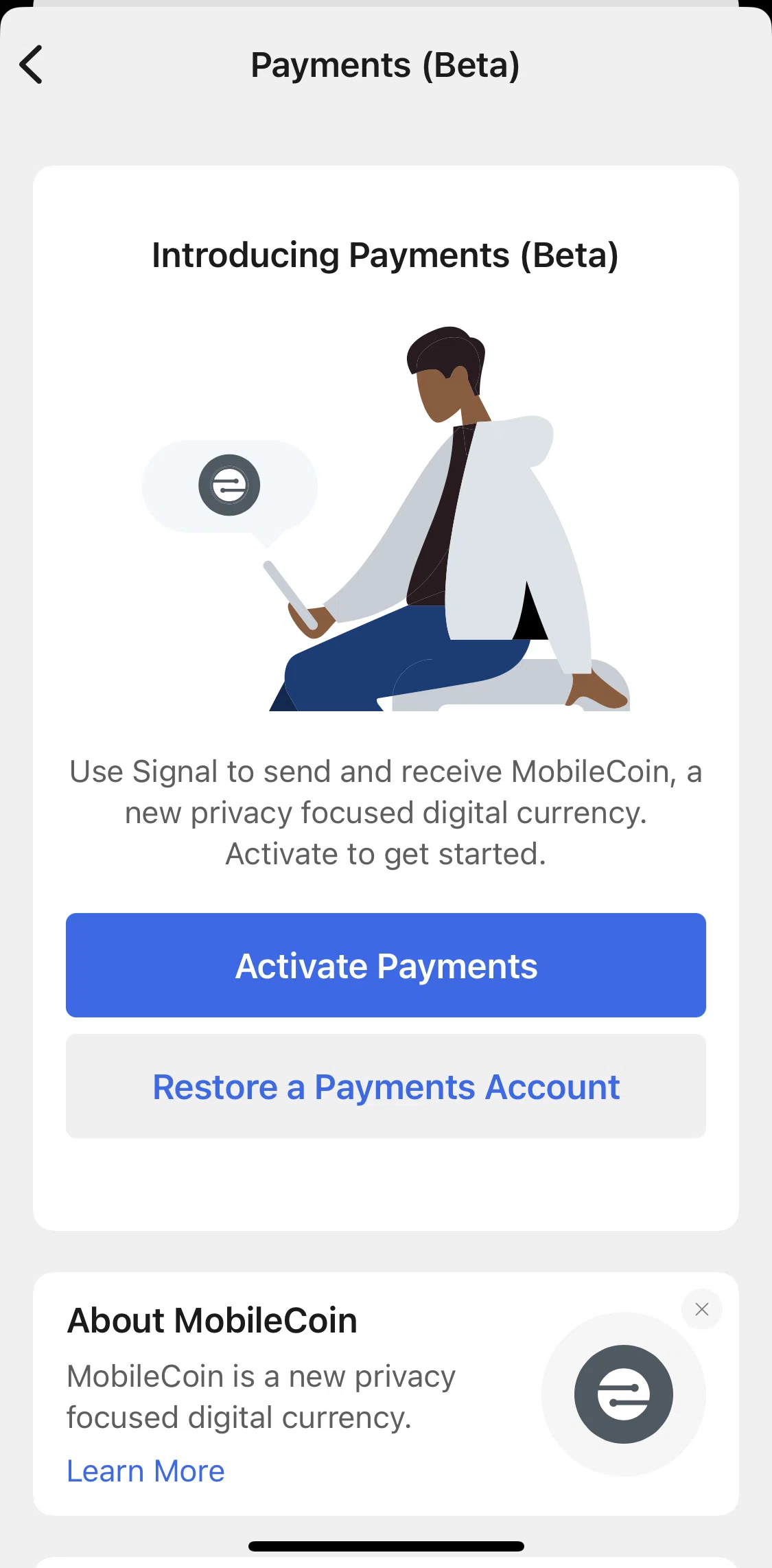 Signal Screen screen in the Activating payments flow