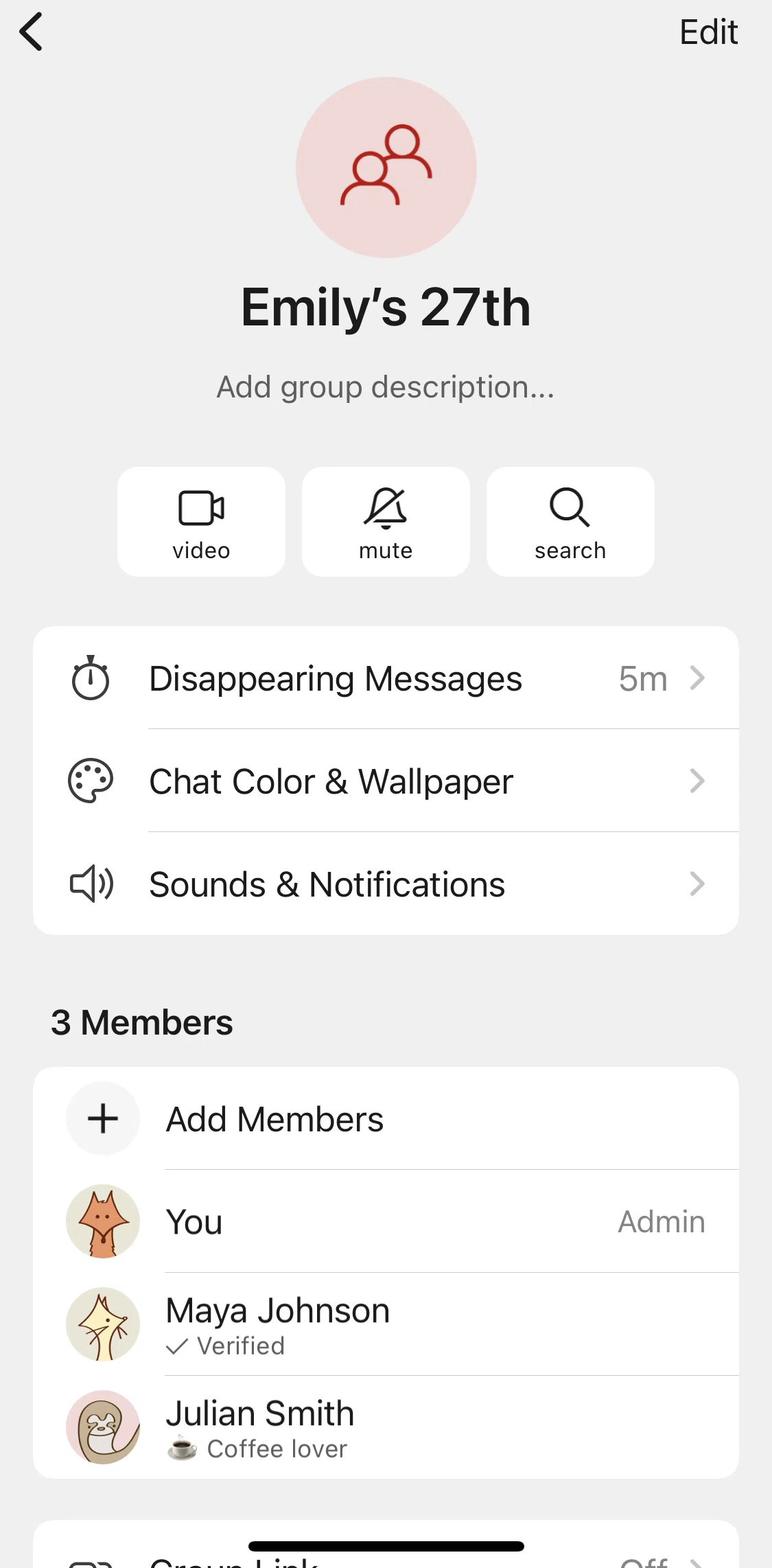 Signal Screen screen in the Adding a group description flow