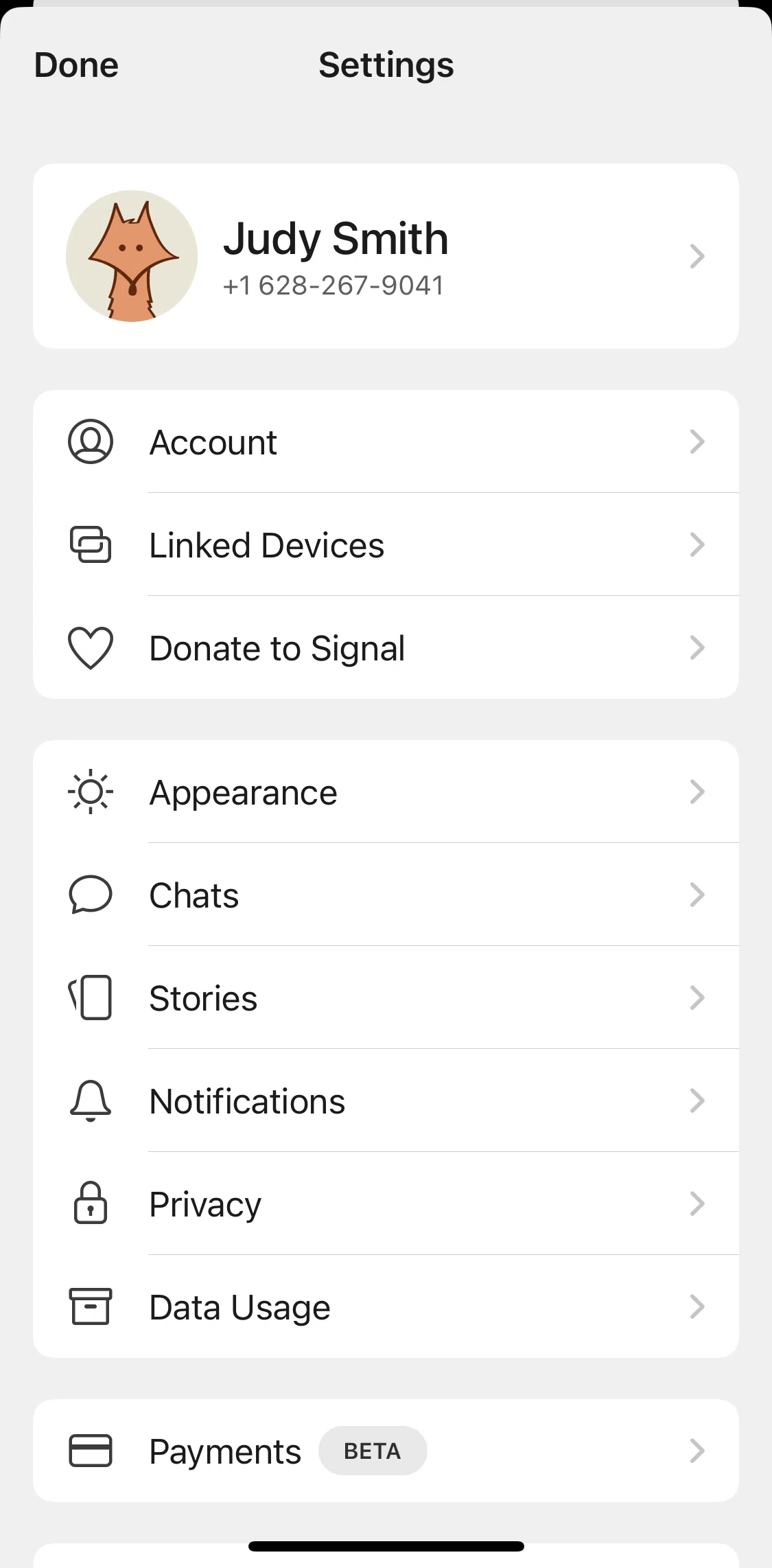 Signal Screen screen in the Chat settings flow